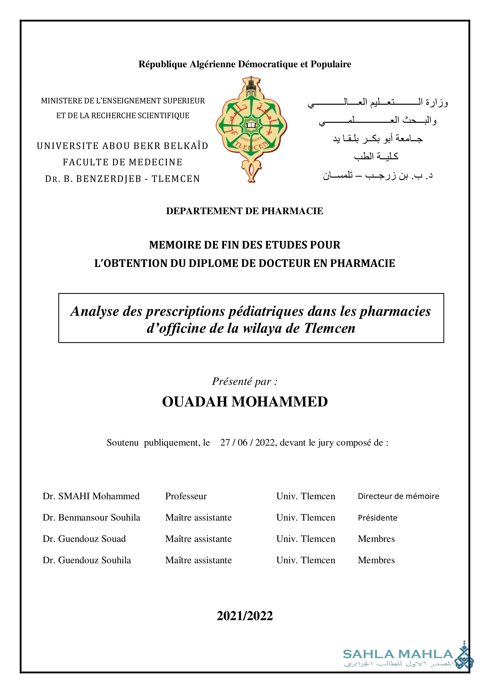 Analyse des prescriptions pédiatriques dans les pharmacies d'officine de la wilaya de Tlemcen