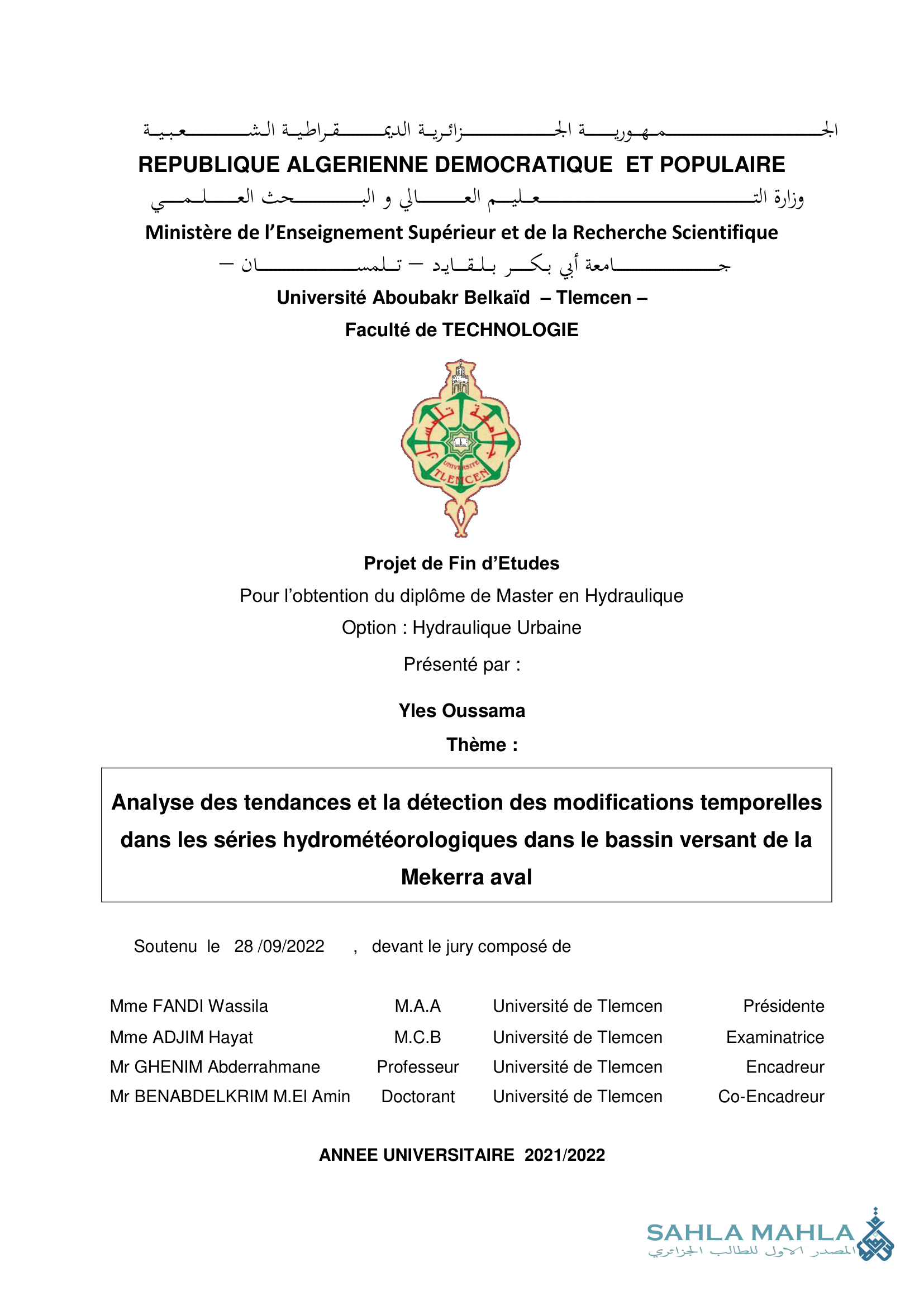 Analyse des tendances et la détection des modifications temporelles dans les séries hydrométéorologiques dans le bassin versant de la Mekerra aval