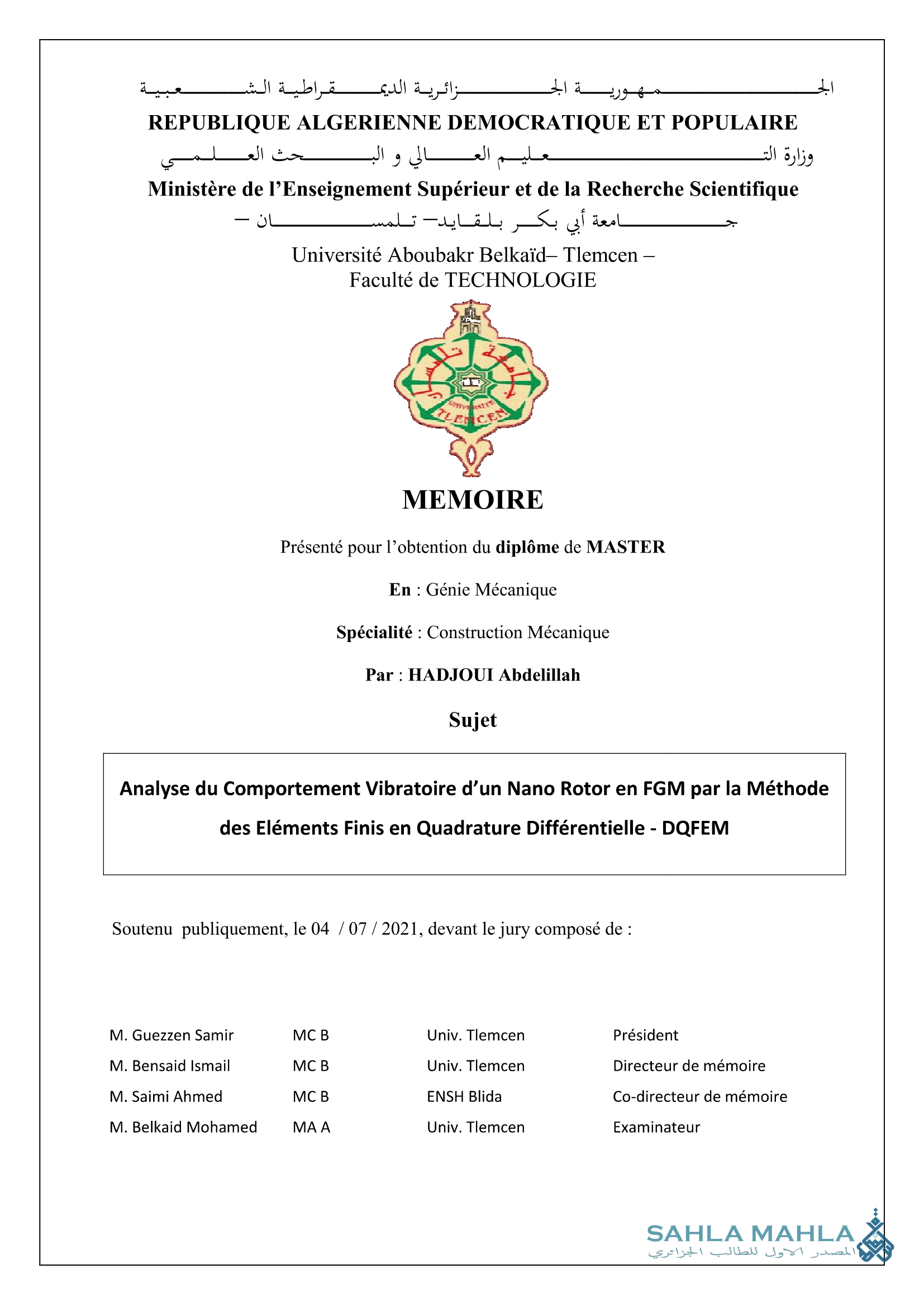 Analyse du Comportement Vibratoire d'un Nano Rotor en FGM par la Méthode des Eléments Finis en Quadrature Différentielle - DQFEM