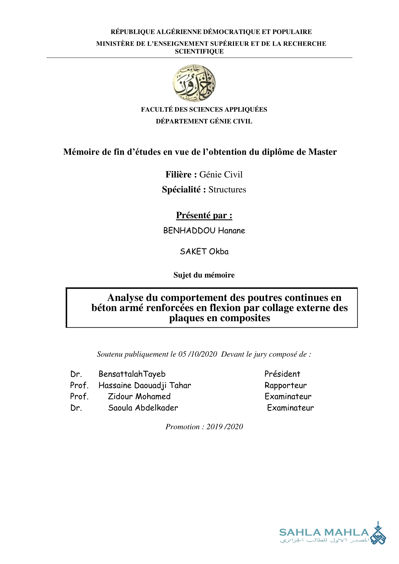 Analyse du comportement des poutres continues en béton armé renforcées en flexion par collage externe des plaques en composites