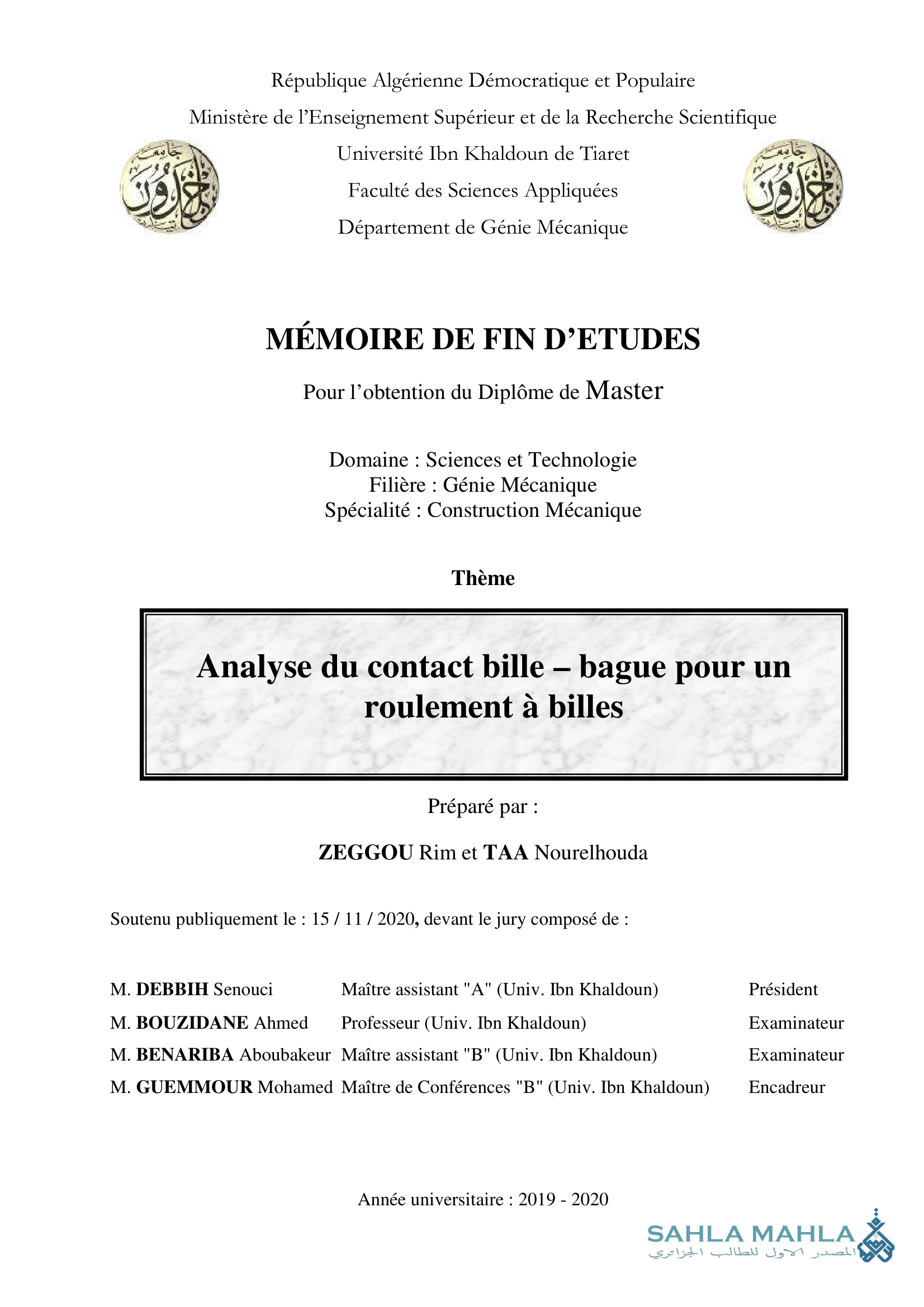 Analyse du contact bille - bague pour un roulement à billes