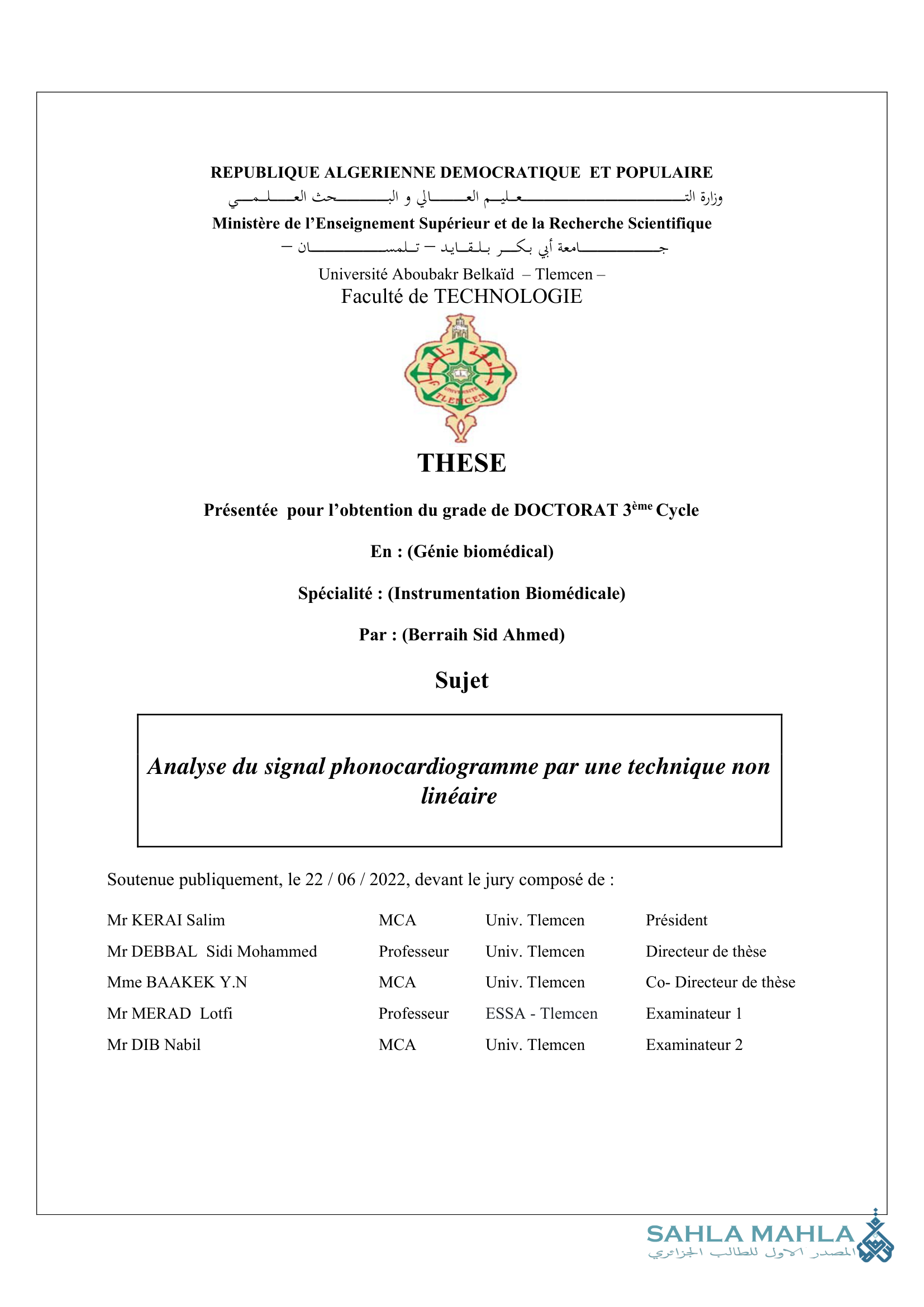 Analyse du signal phonocardiogramme par une technique non linéaire