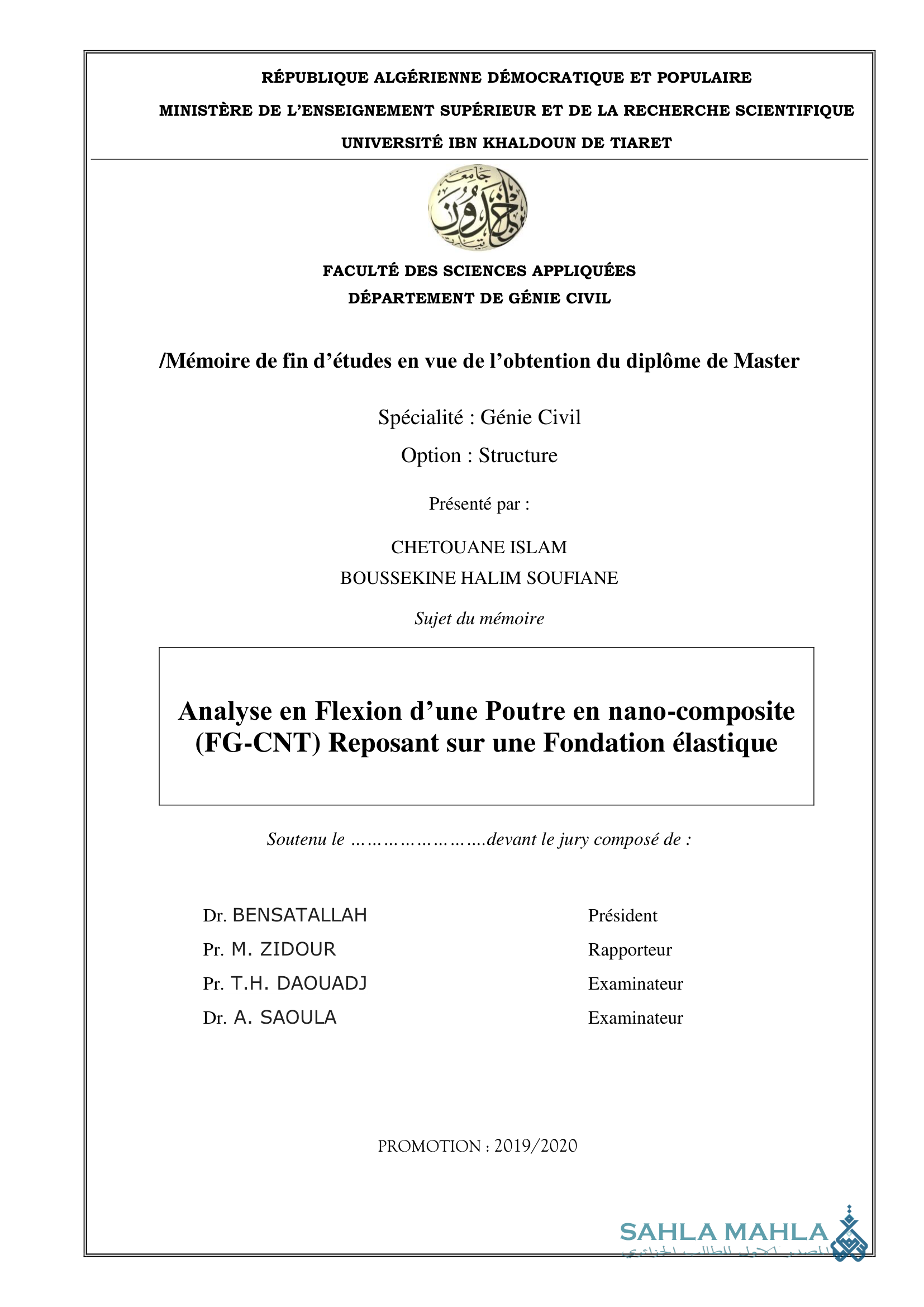 Analyse en Flexion d'une Poutre en nano-composite (FG-CNT) Reposant sur une Fondation élastique