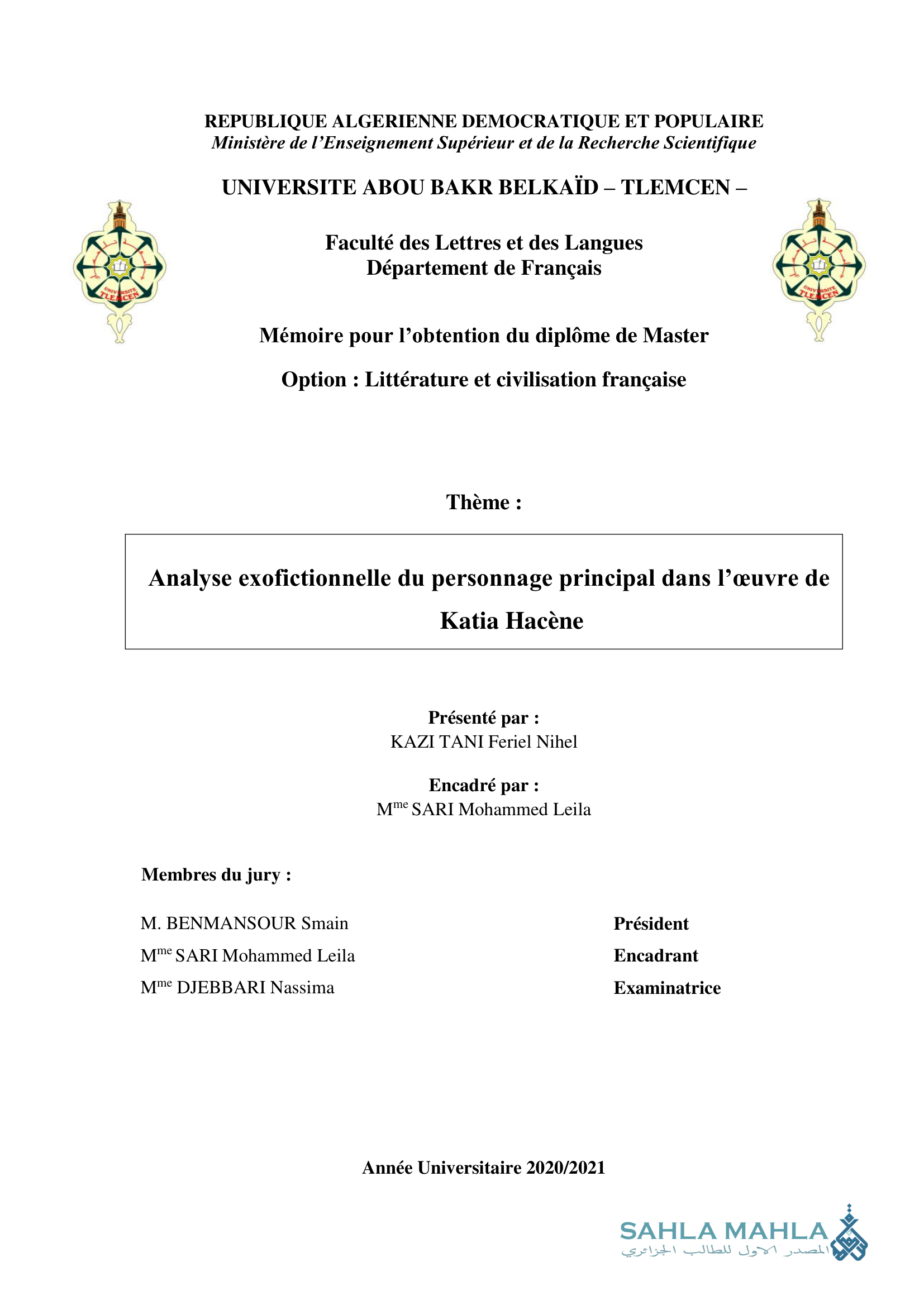 Analyse exofictionnelle du personnage principal dans l'œuvre de Katia Hacène