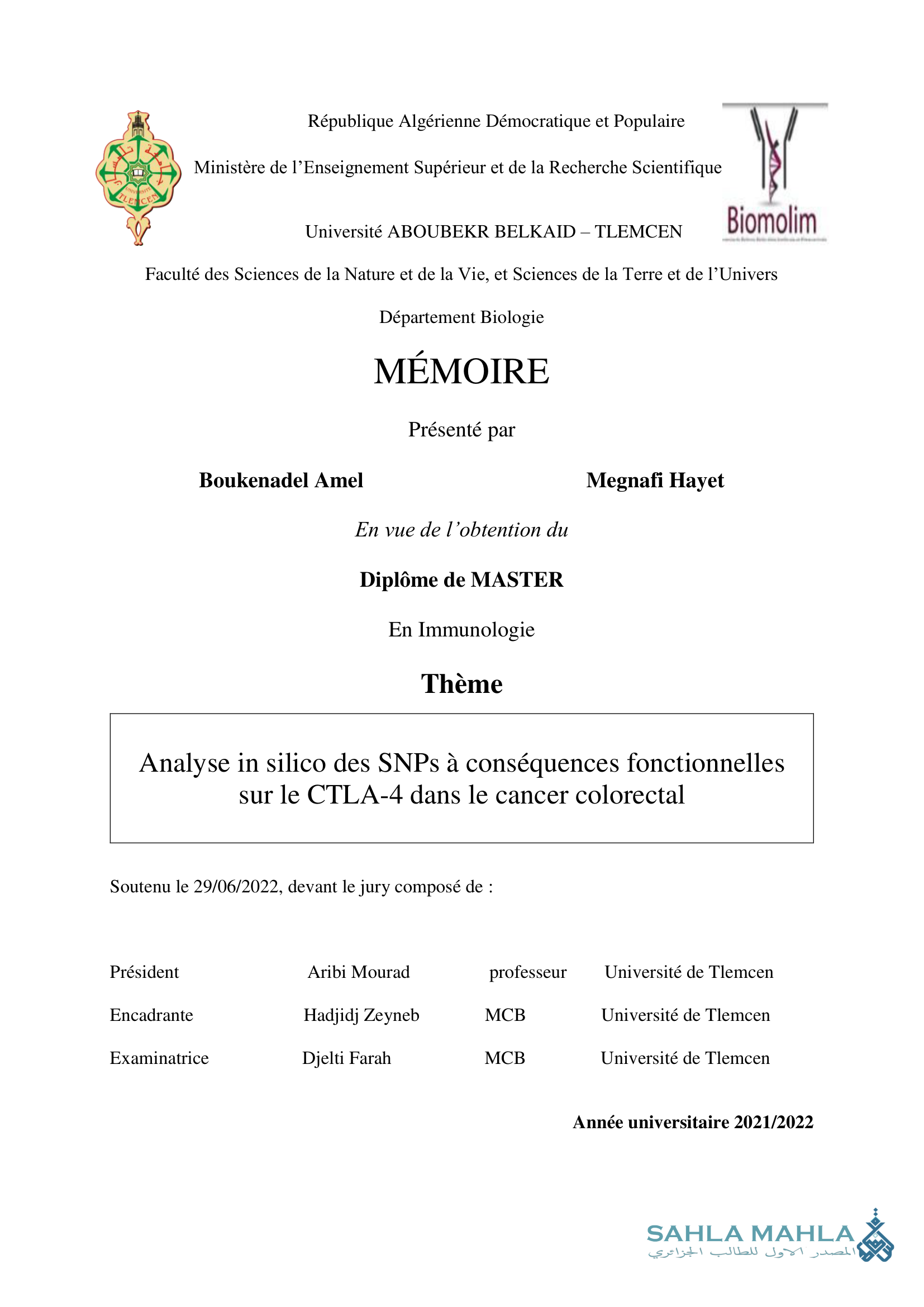 Analyse in silico des SNPs à conséquences fonctionnelles sur le CTLA-4 dans le cancer colorectal