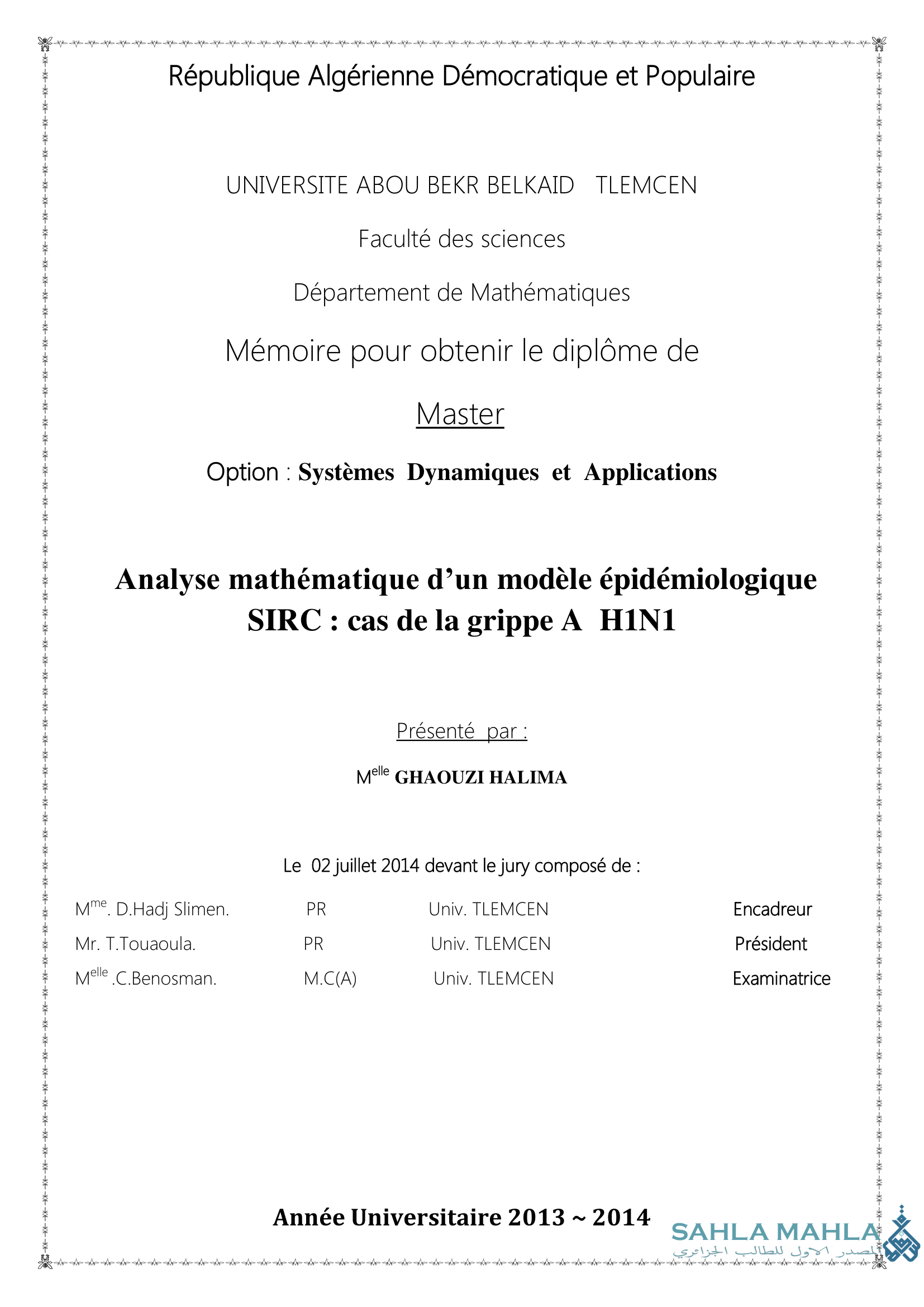 Analyse mathématique d'un modèle épidémiologique SIRC: cas de la grippe A H1N1