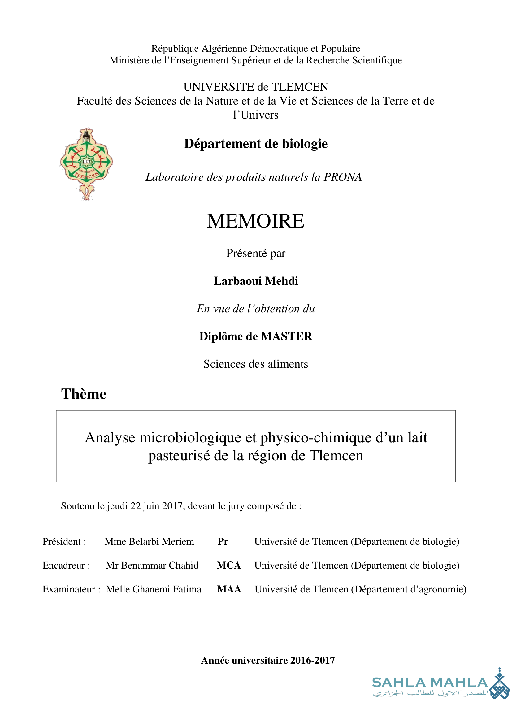 Analyse microbiologique et physico-chimique d'un lait pasteurisé de la région de Tlemcen