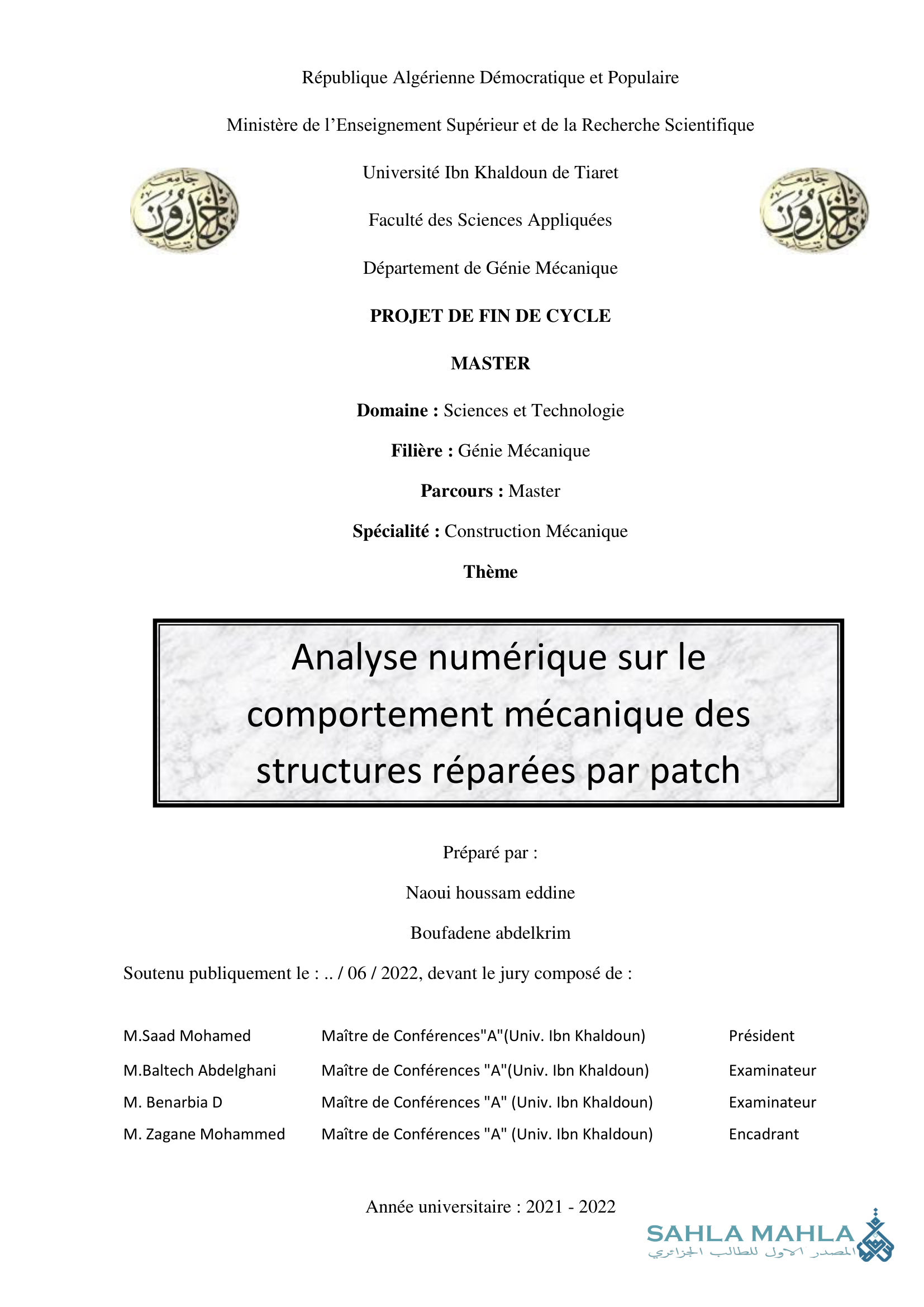 Analyse numérique sur le comportement mécanique des structures réparées par patch