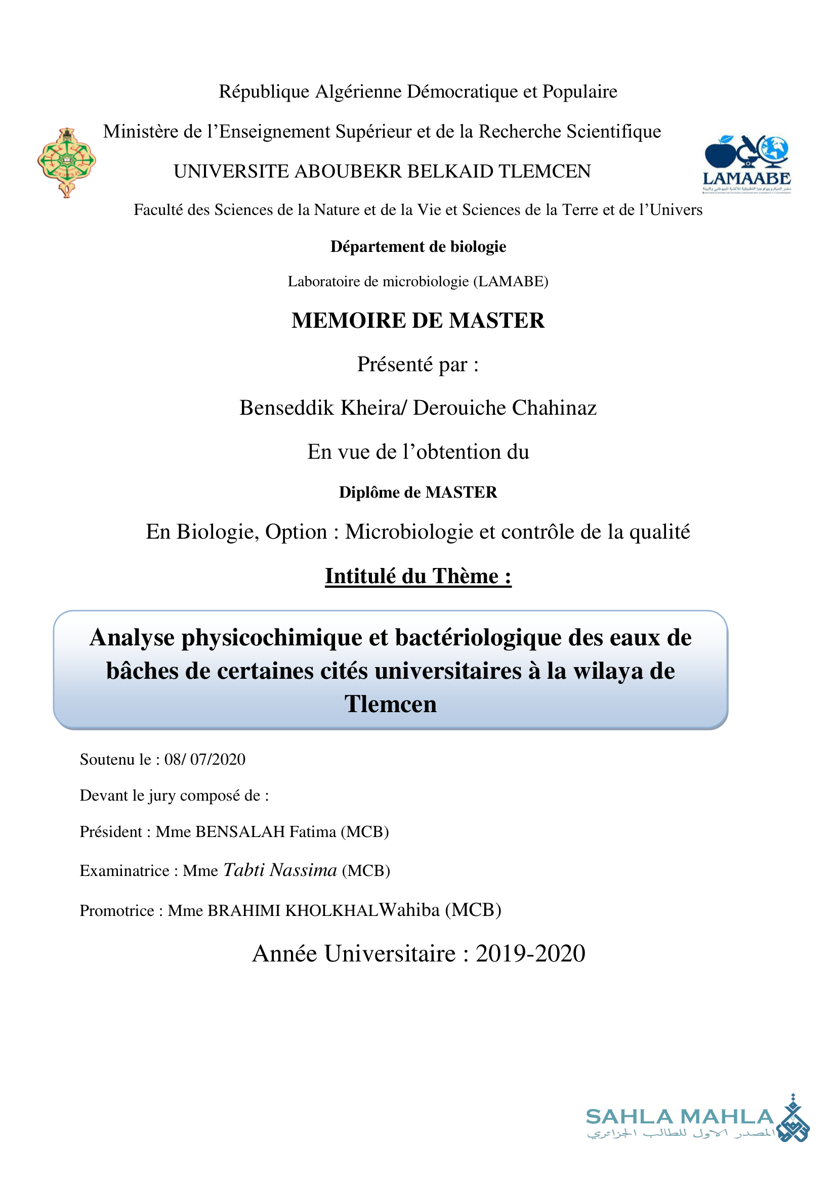 Analyse physicochimique et bactériologique des eaux de bâches de certaines cités universitaires à la wilaya de Tlemcen