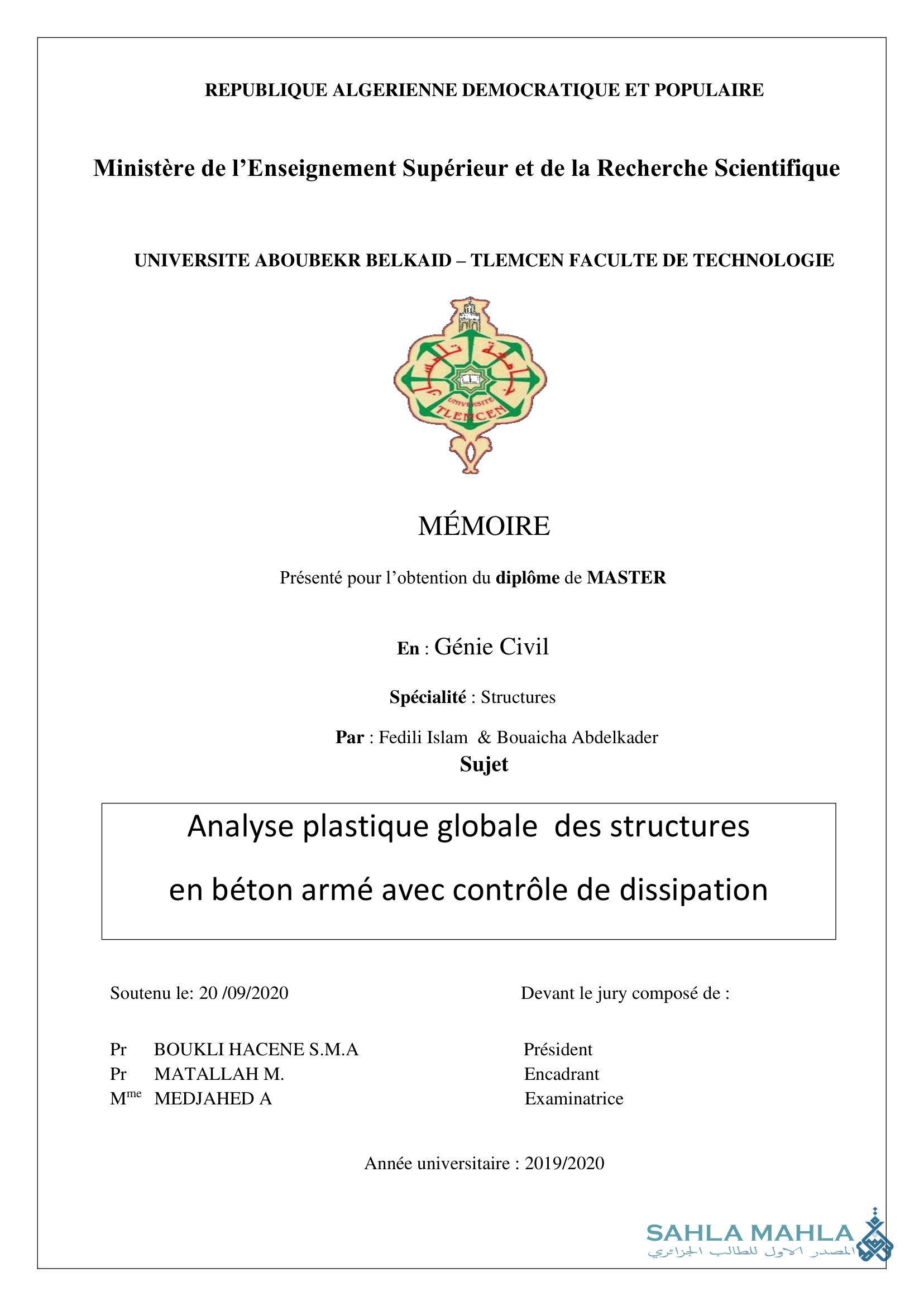 Analyse plastique globale des structures en béton armé avec contrôle de dissipation