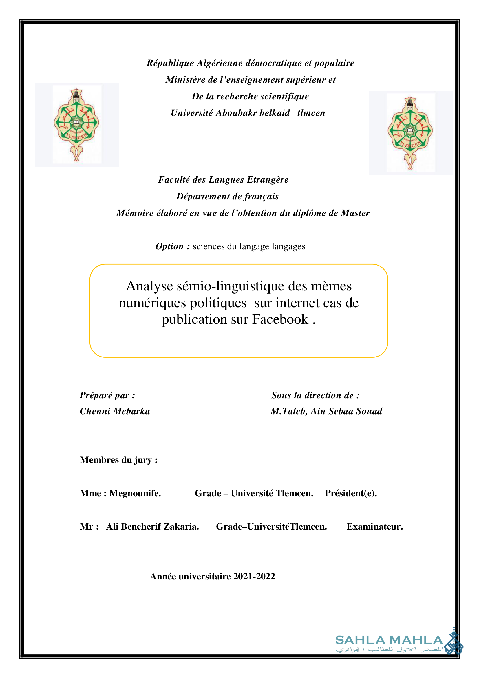 Analyse sémio-linguistique des mèmes numériques politiques sur internet cas de publication sur Facebook.