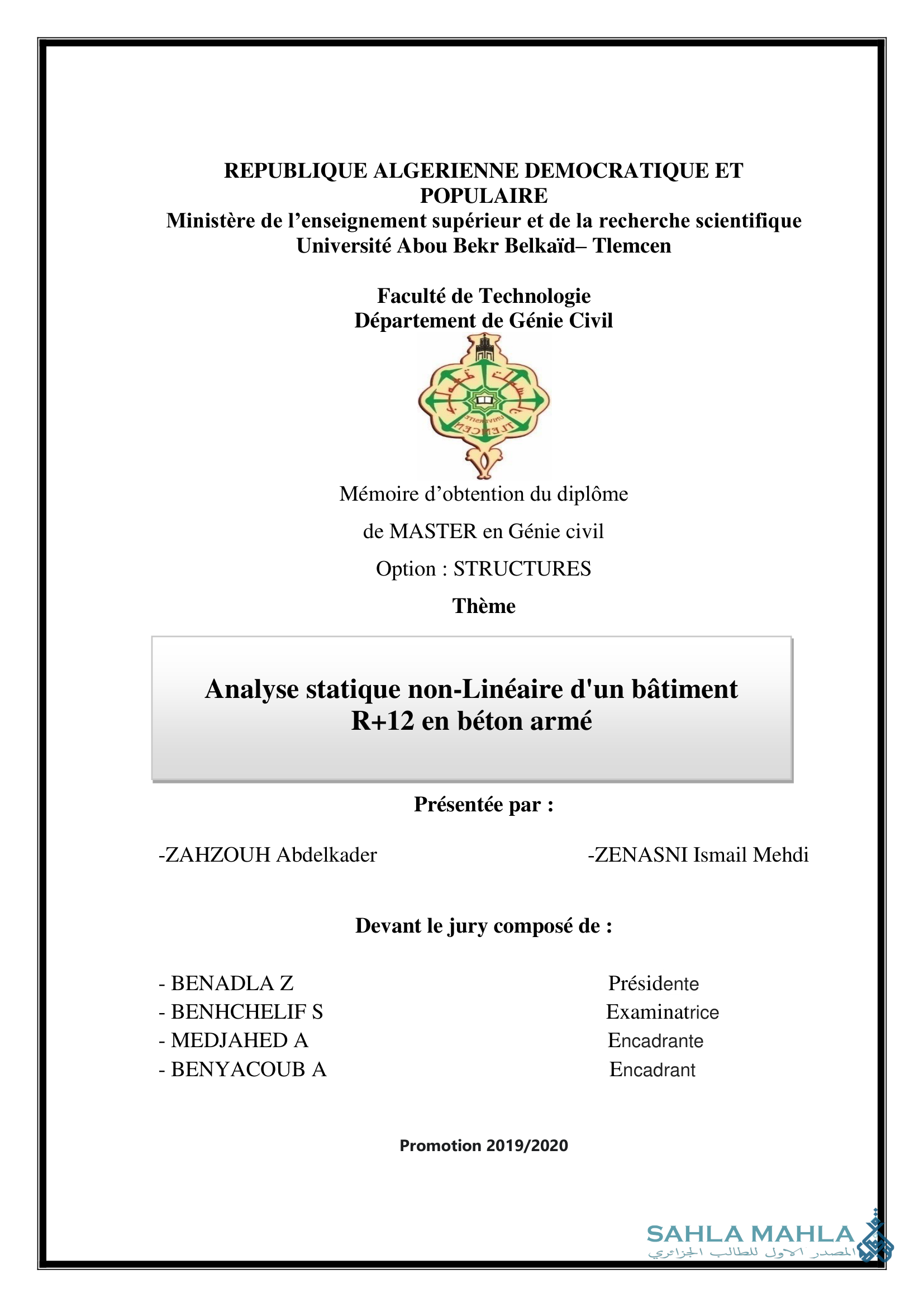 Analyse statique non-Linéaire d'un bâtiment R+12 en béton armé