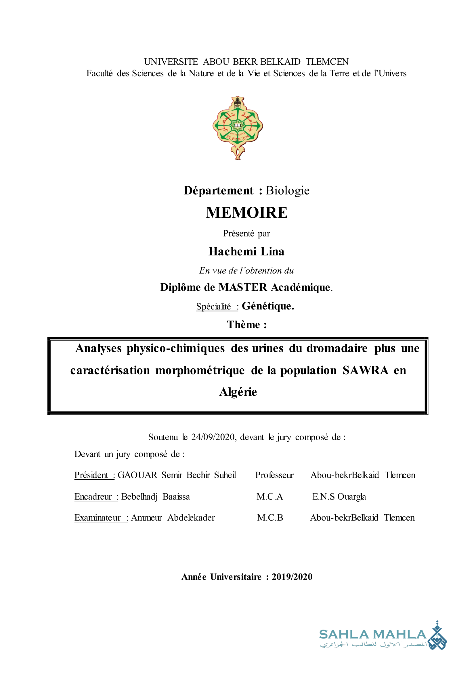 Analyses physico-chimiques des urines du dromadaire plus une caractérisation morphométrique de la population SAWRA en Algérie