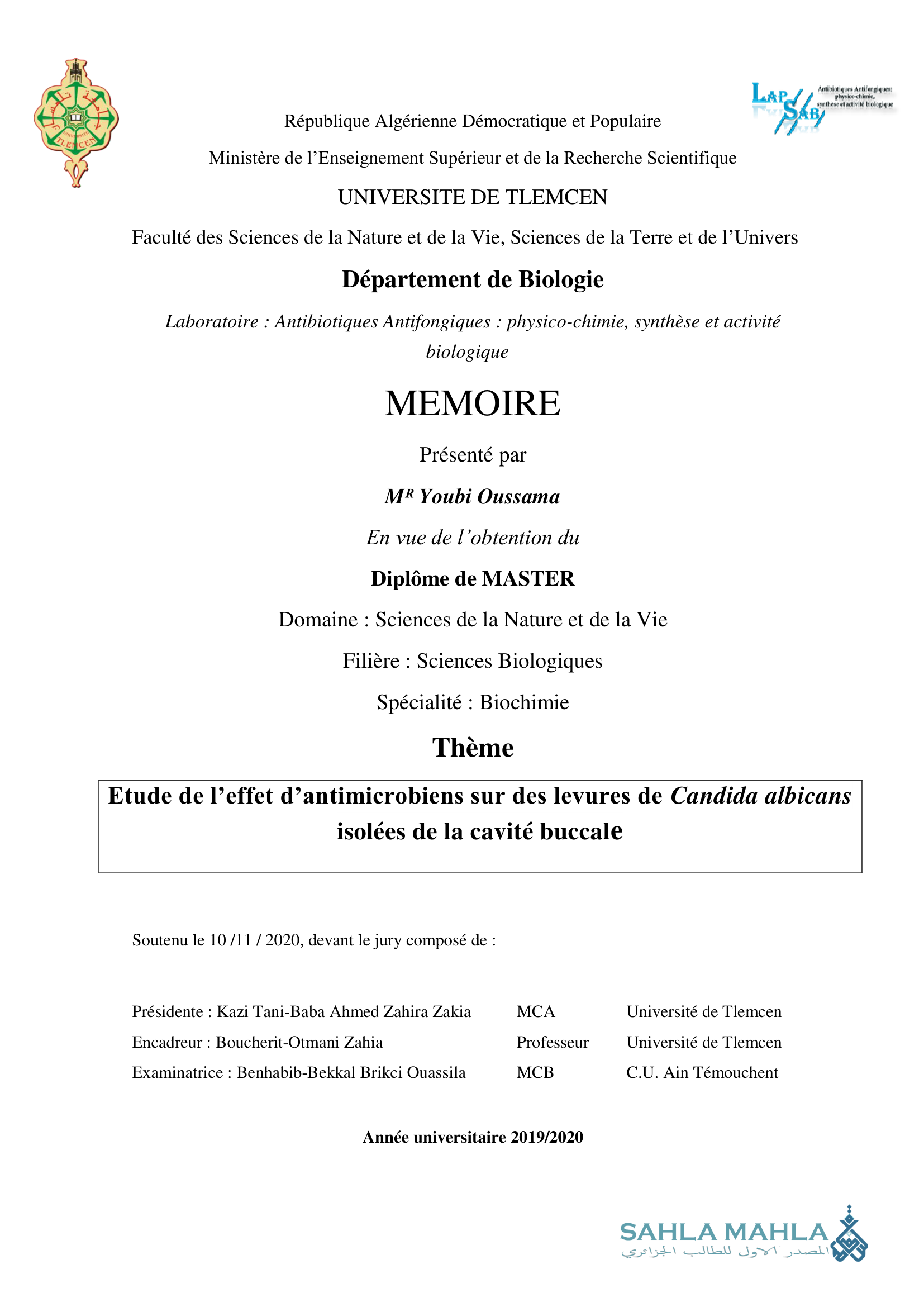 Etude de l'effet d'antimicrobiens sur des levures de Candida albicans isolées de la cavité buccale