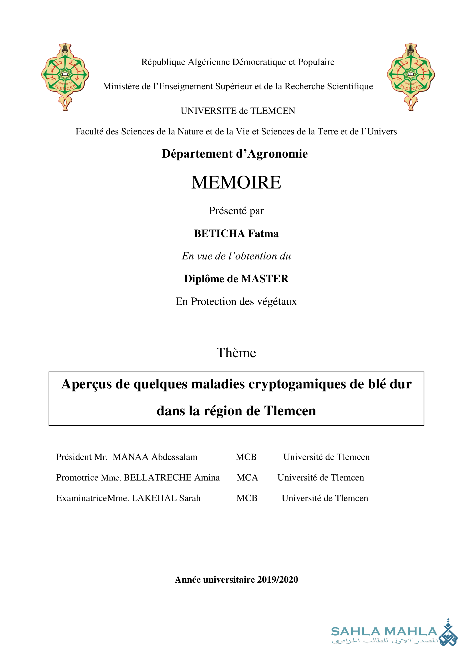 Aperçus de quelques maladies cryptogamiques de blé dur dans la région de Tlemcen