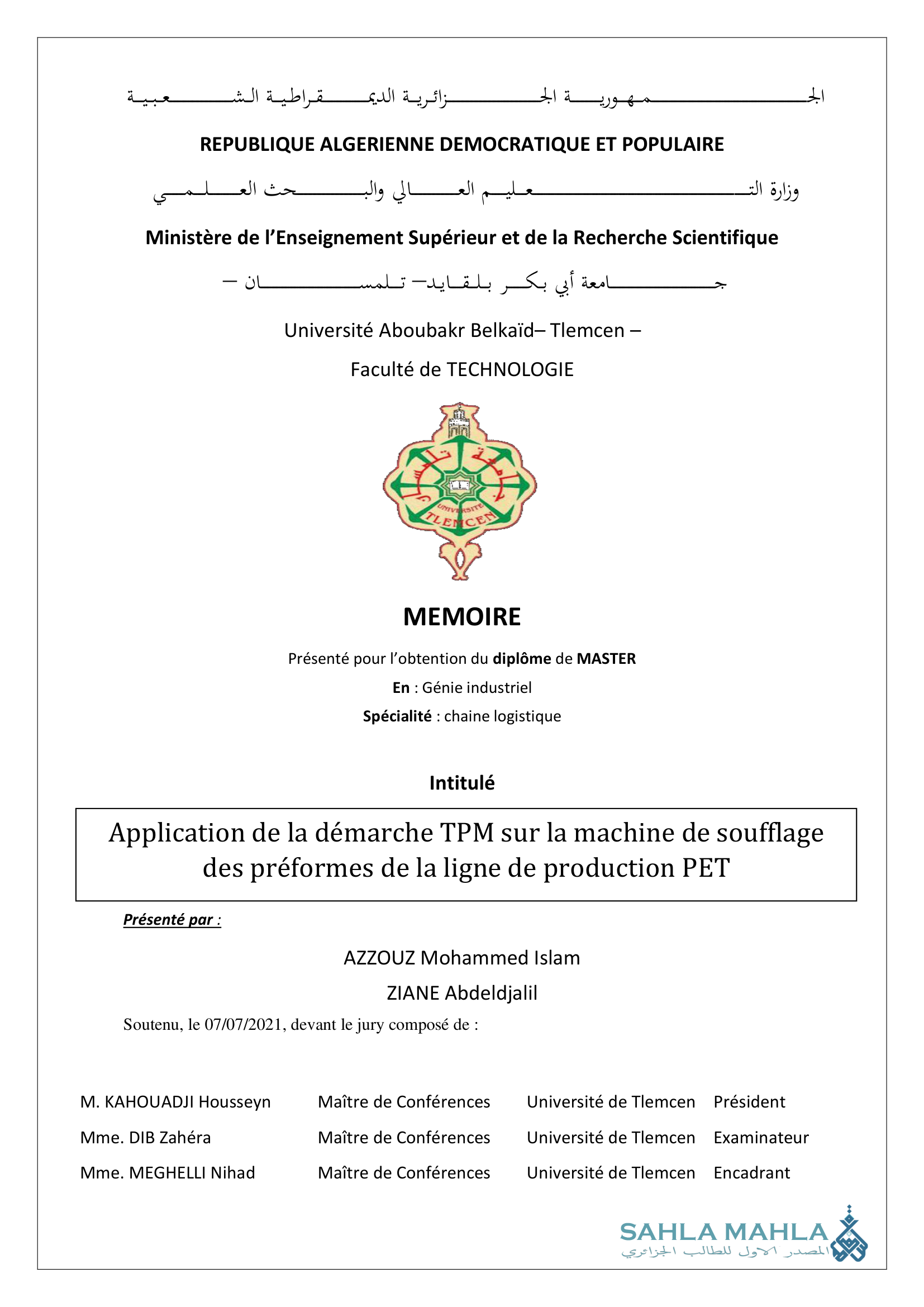 Application de la démarche TPM sur la machine de soufflage des préformes de la ligne de production PET