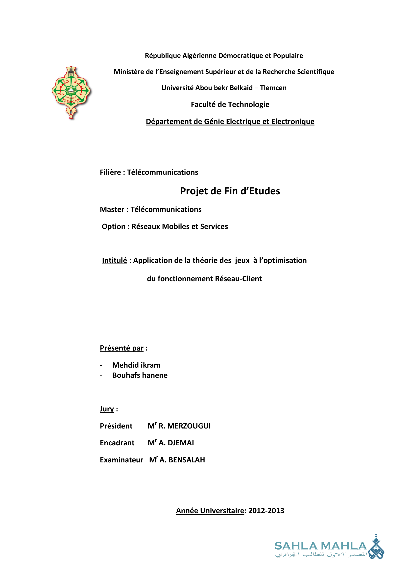 Application de la théorie des jeux à l'optimisation du fonctionnement Réseau-Client