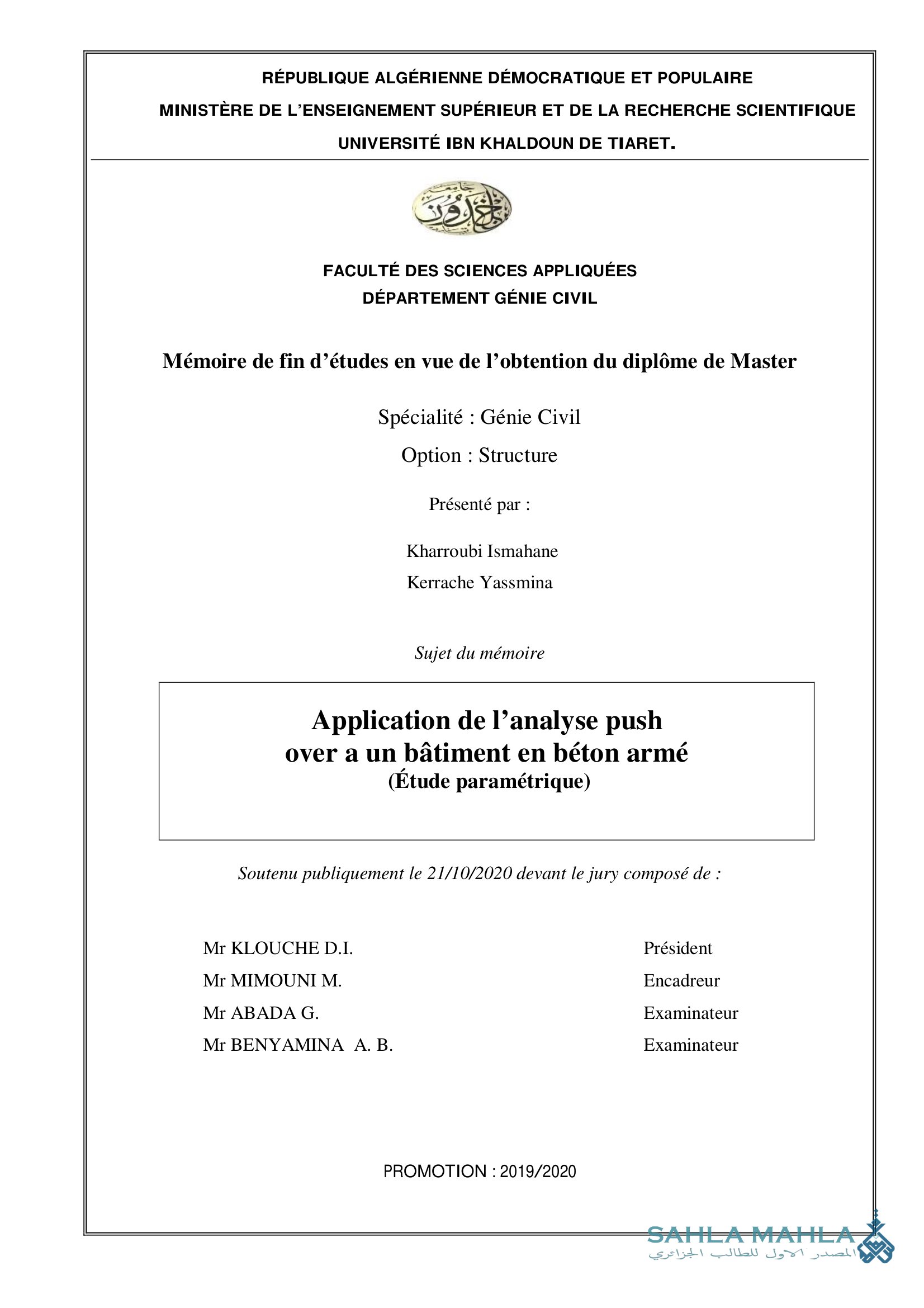 Application de l'analyse push over a un bâtiment en béton armé (Étude paramétrique)