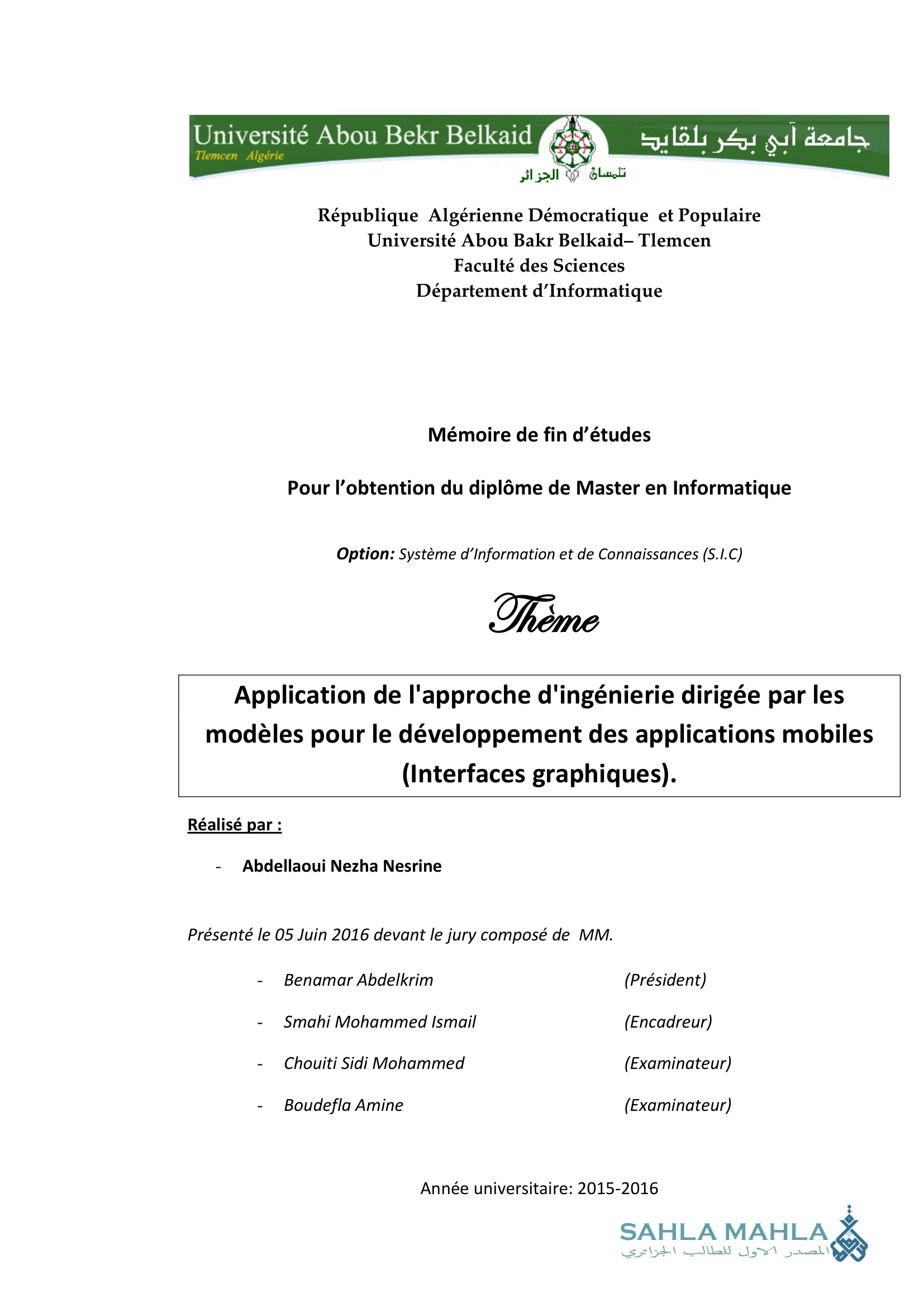 Application de l'approche d'ingénierie dirigée par les modèles pour le développement des applications mobiles (Interfaces graphiques).