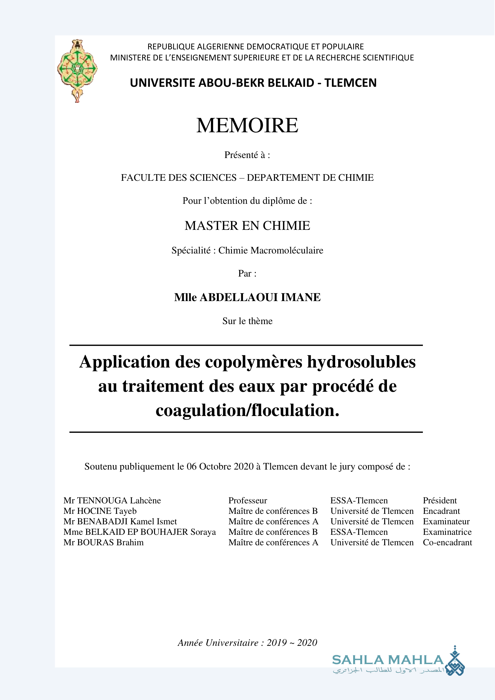 Application des copolymères hydrosolubles au traitement des eaux par procédé de coagulation/floculation.