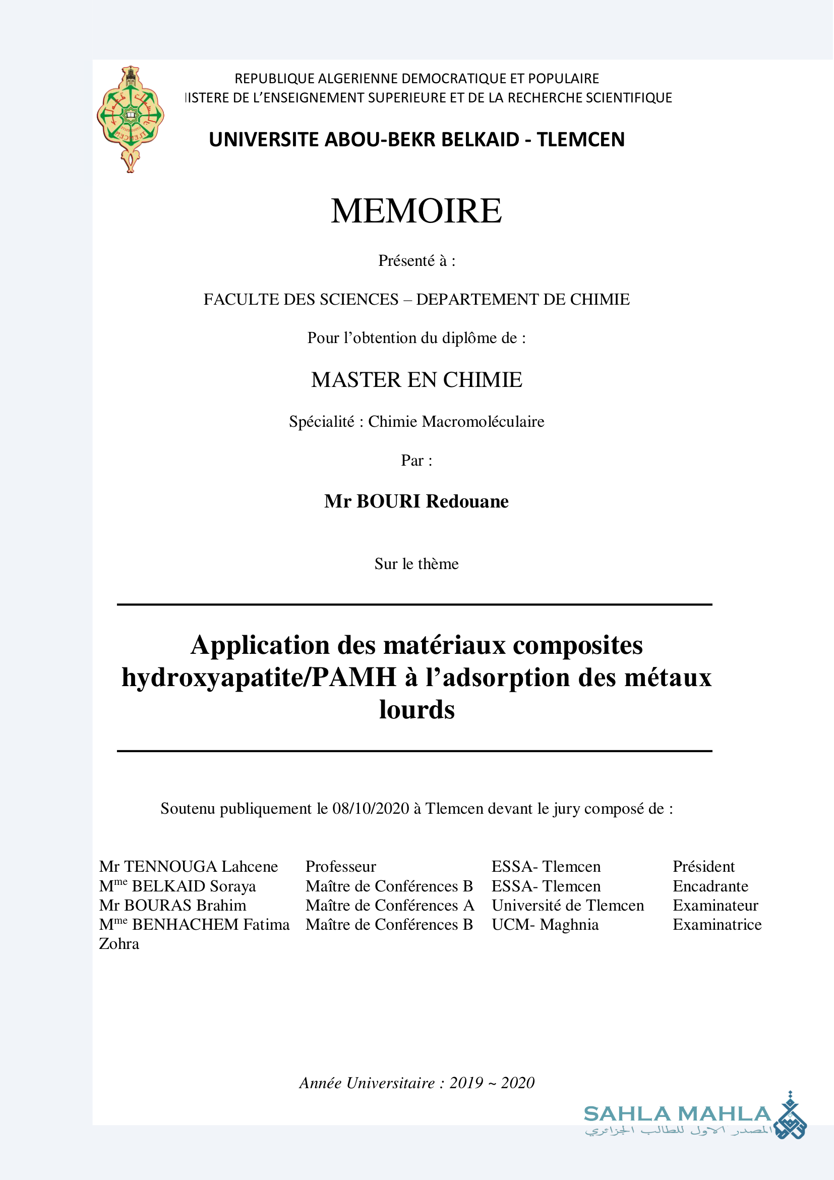 Application des matériaux composites hydroxyapatite/PAMH à l'adsorption des métaux lourds