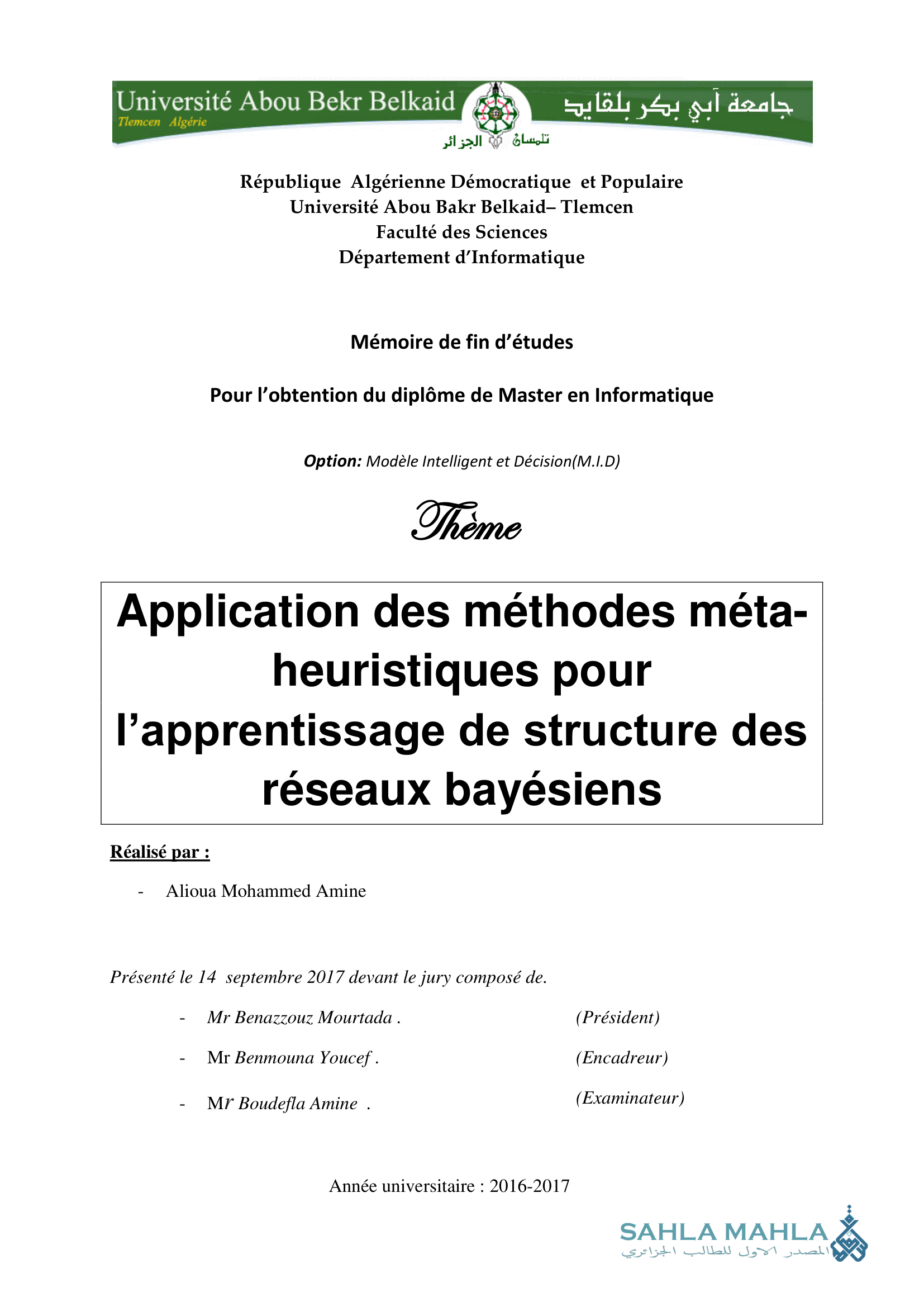 Application des méthodes méta-heuristiques pour l'apprentissage de structure des réseaux bayésiens