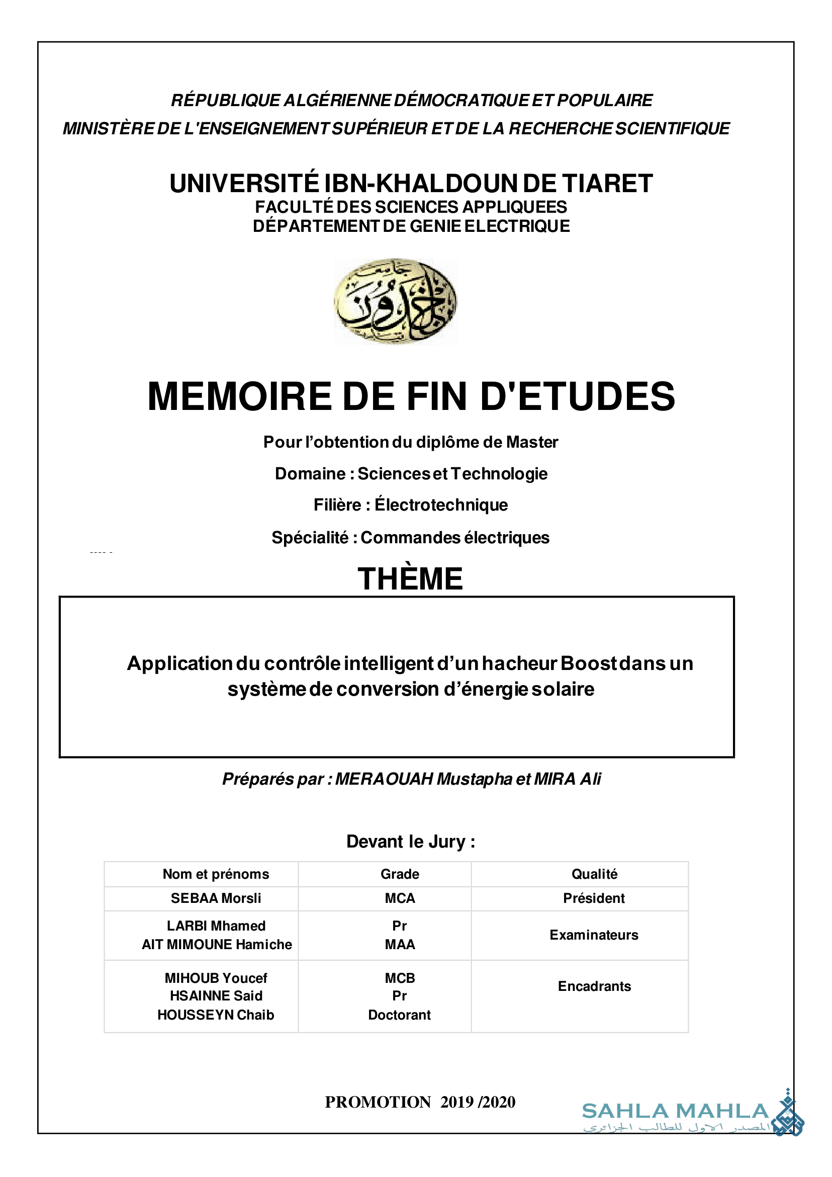 Application du contrôle intelligent d'un hacheur Boost dans un système de conversion d'énergie solaire