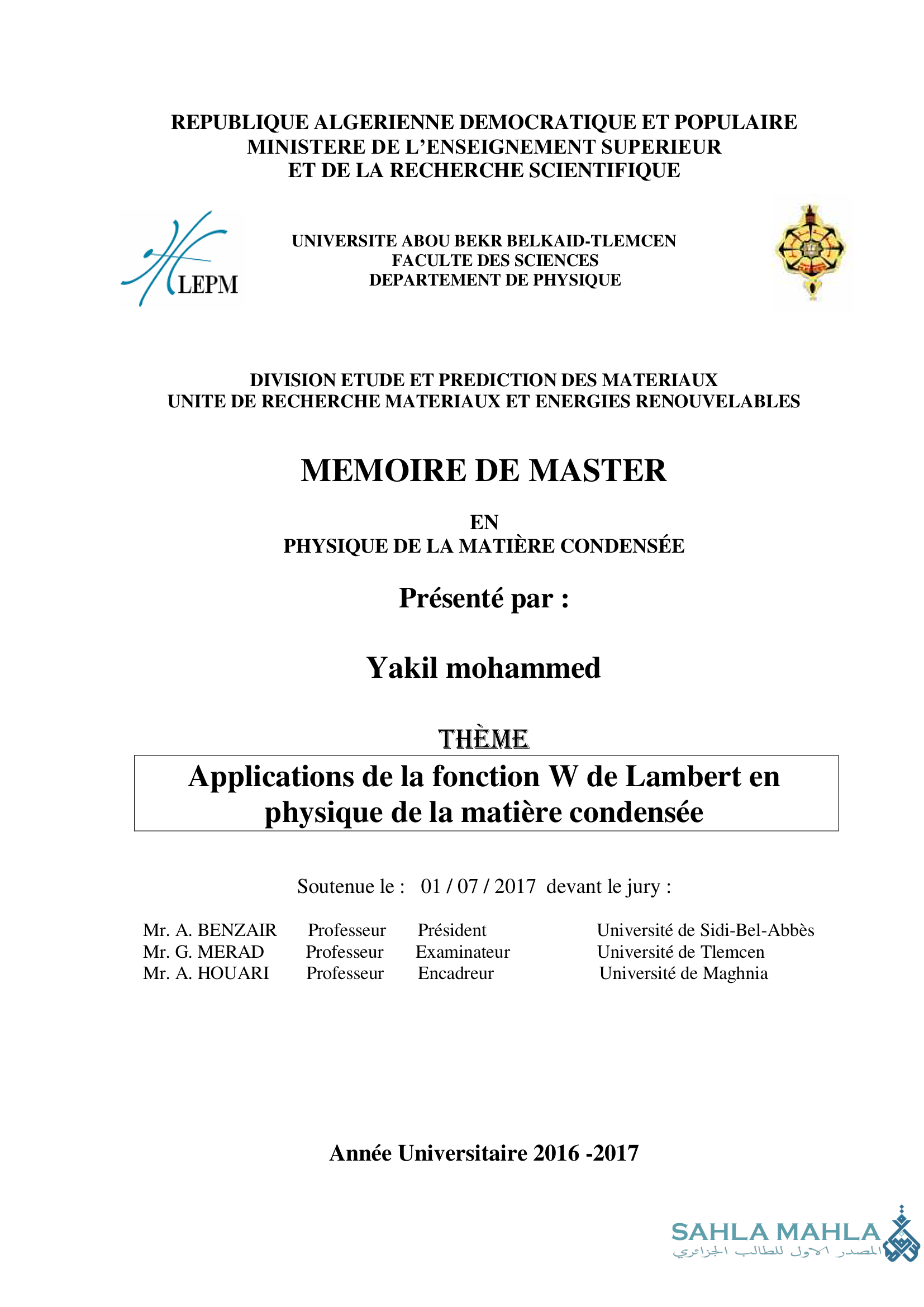 Applications de la fonction W de Lambert en physique de la matière condensée