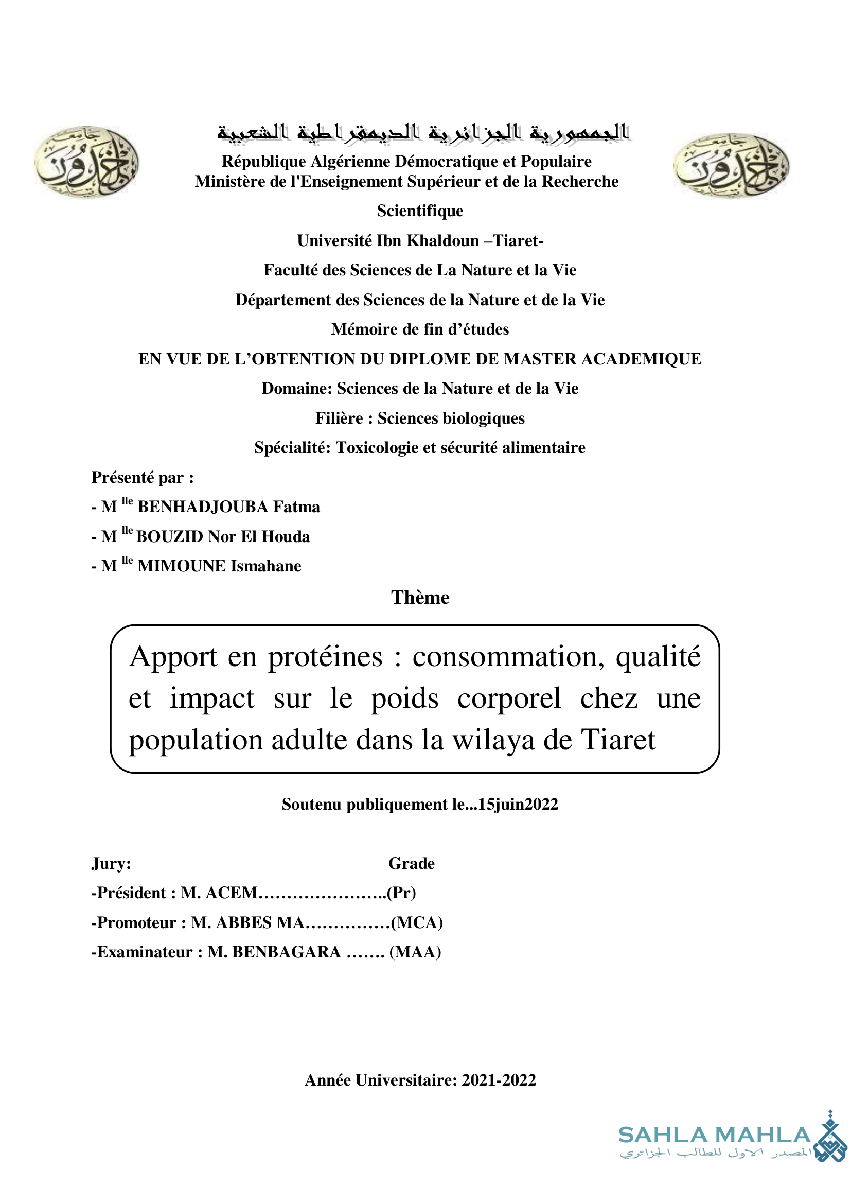 Apport en protéines consommation, qualité et impact sur le poids corporel chez une population adulte dans la wilaya de Tiaret