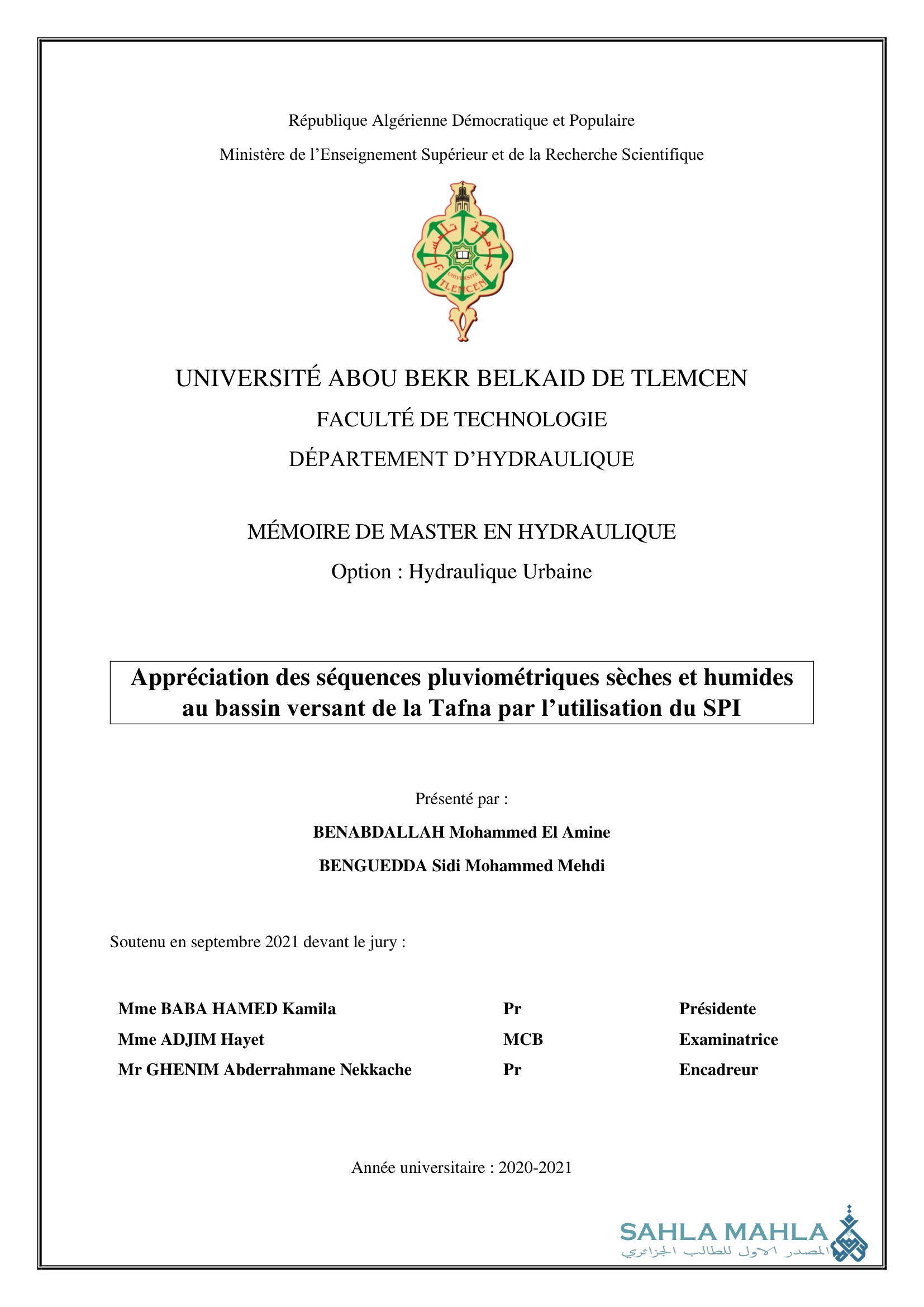 Appréciation des séquences pluviométriques sèches et humides au bassin versant de la Tafna par l'utilisation du SPI