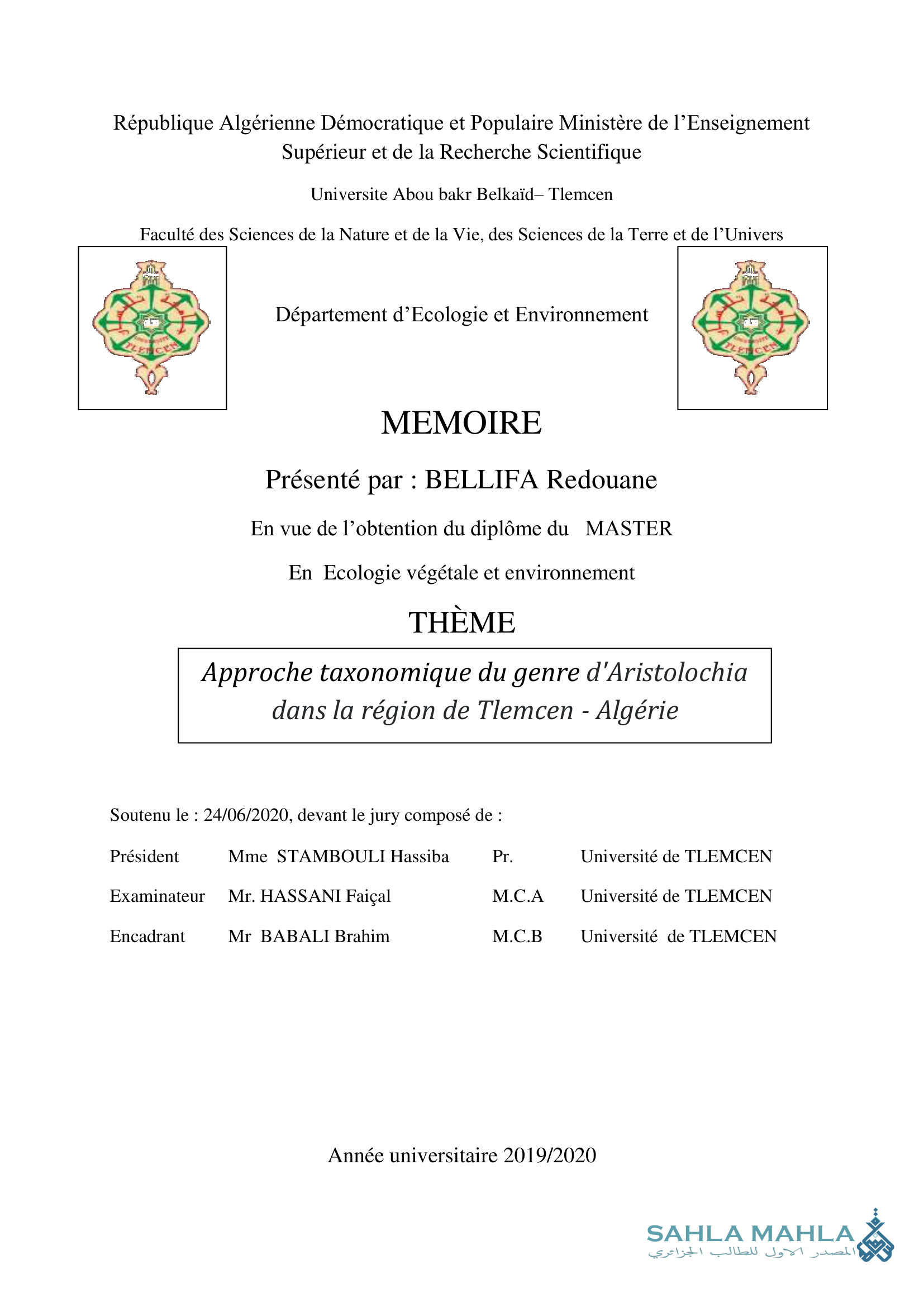 Approche taxonomique du genre d'Aristolochia dans la région de Tlemcen - Algérie