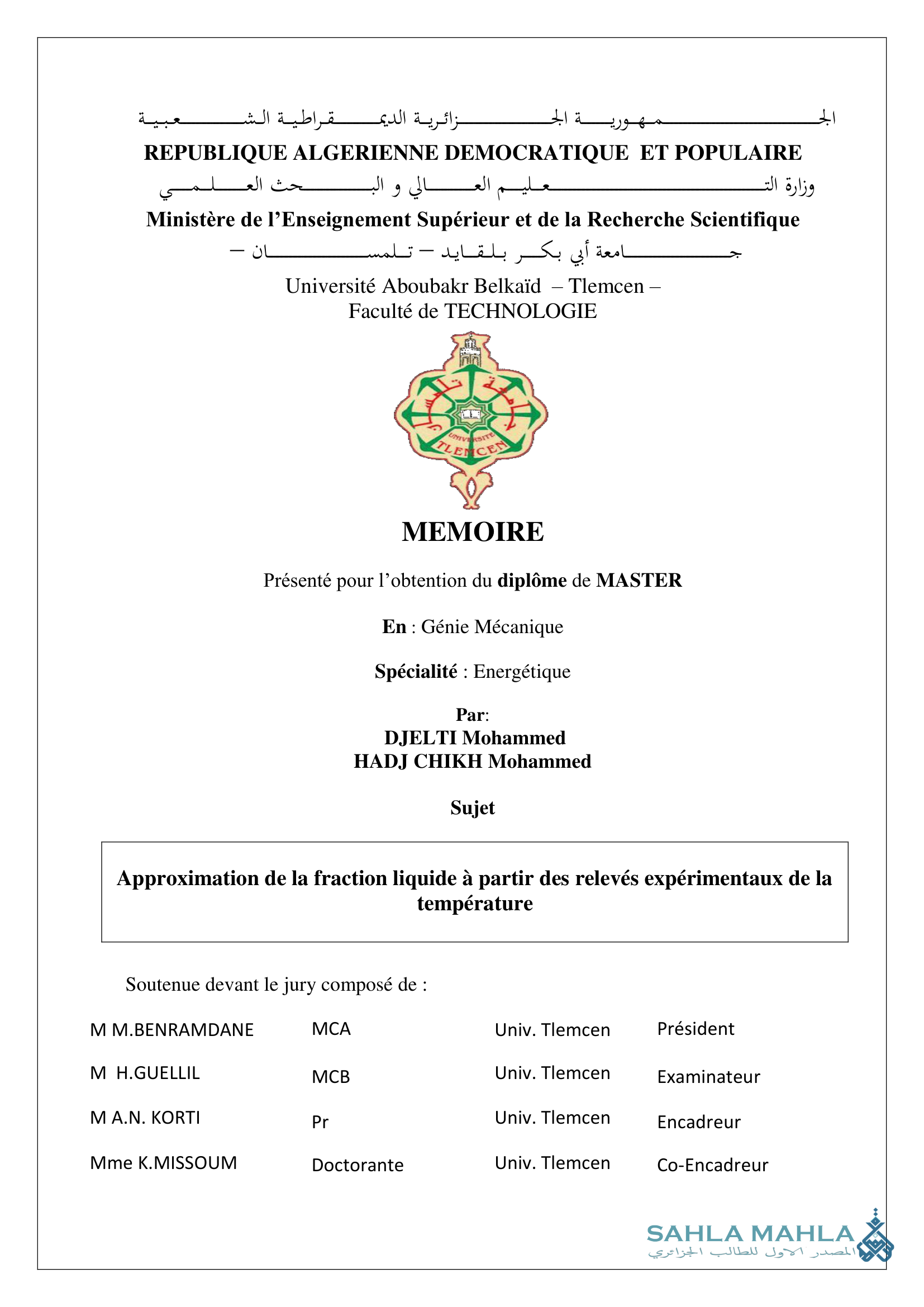 Approximation de la fraction liquide à partir des relevés expérimentaux de la température