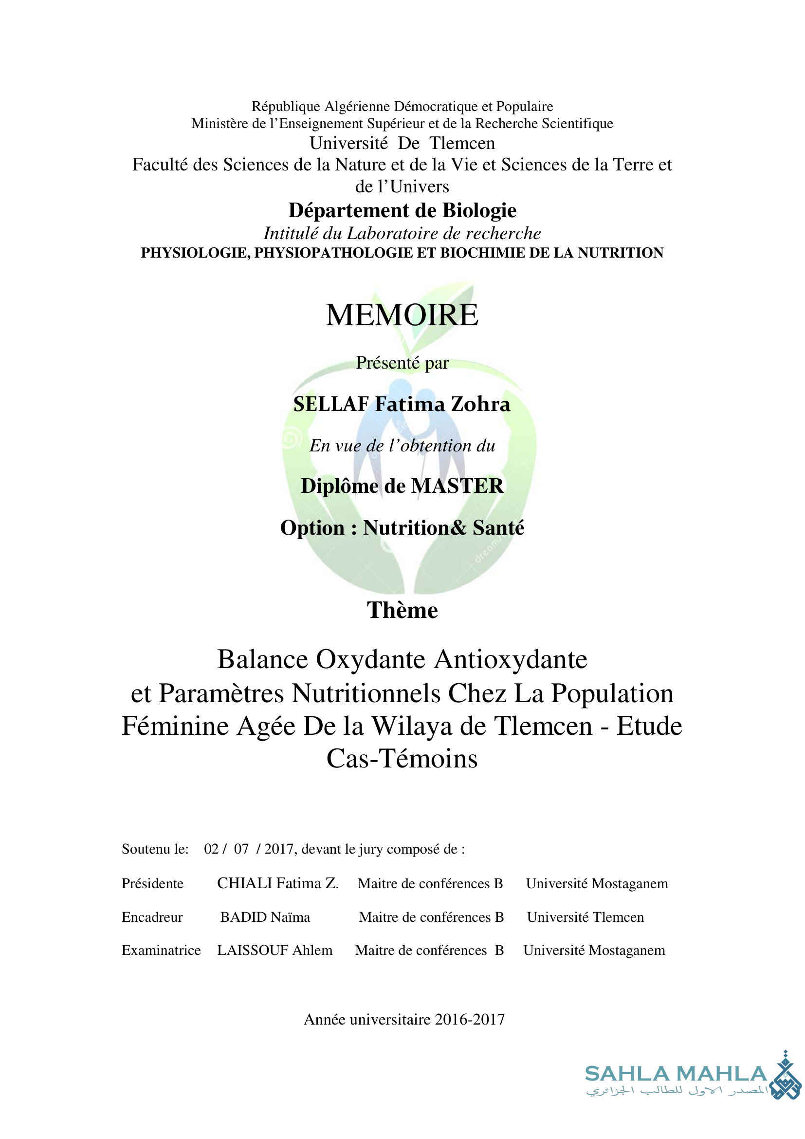 Balance Oxydante Antioxydante et Paramètres Nutritionnels Chez La Population Féminine Agée De la Wilaya de Tlemcen - Etude Cas-Témoins