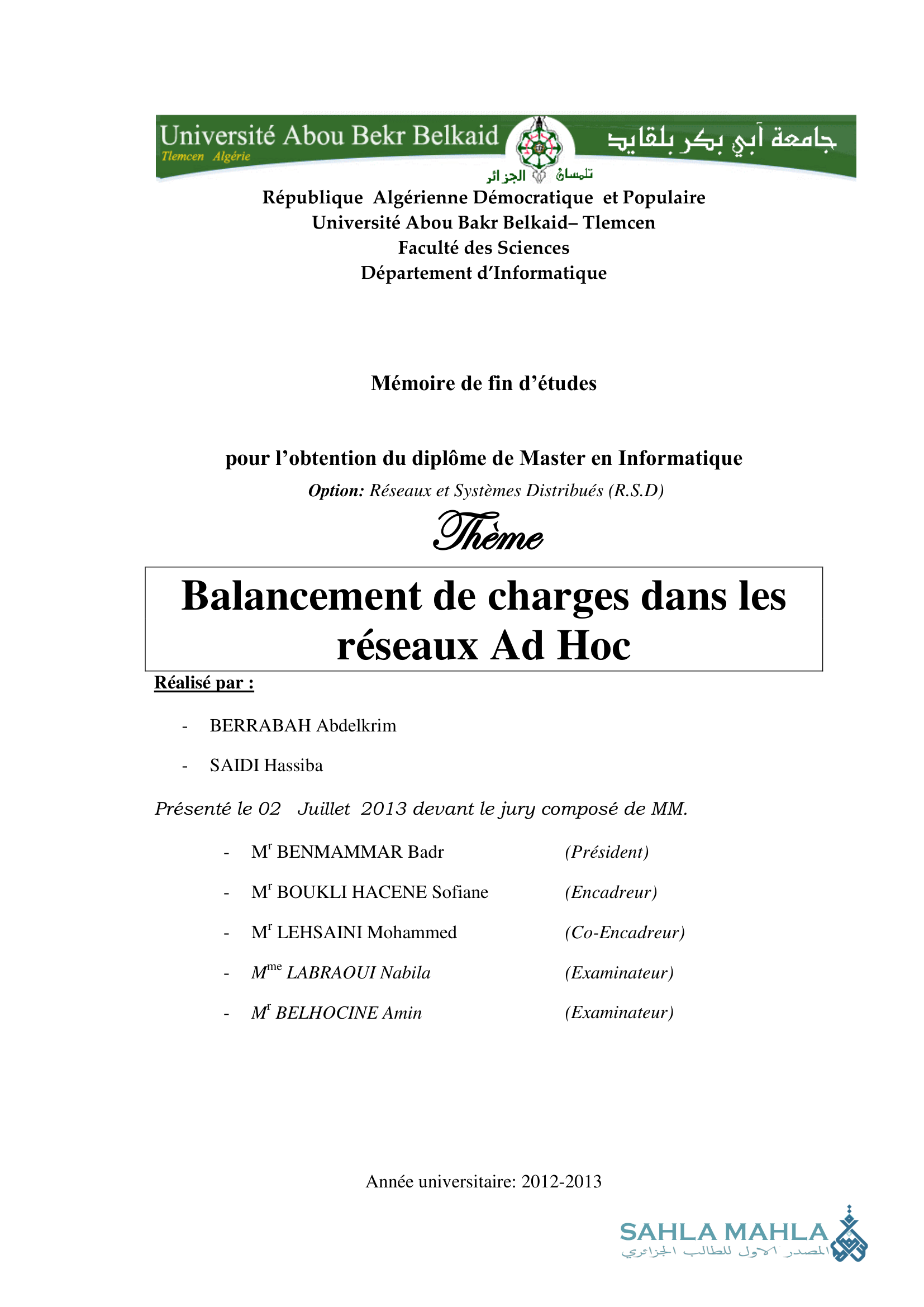 Balancement de charges dans les réseaux Ad Hoc