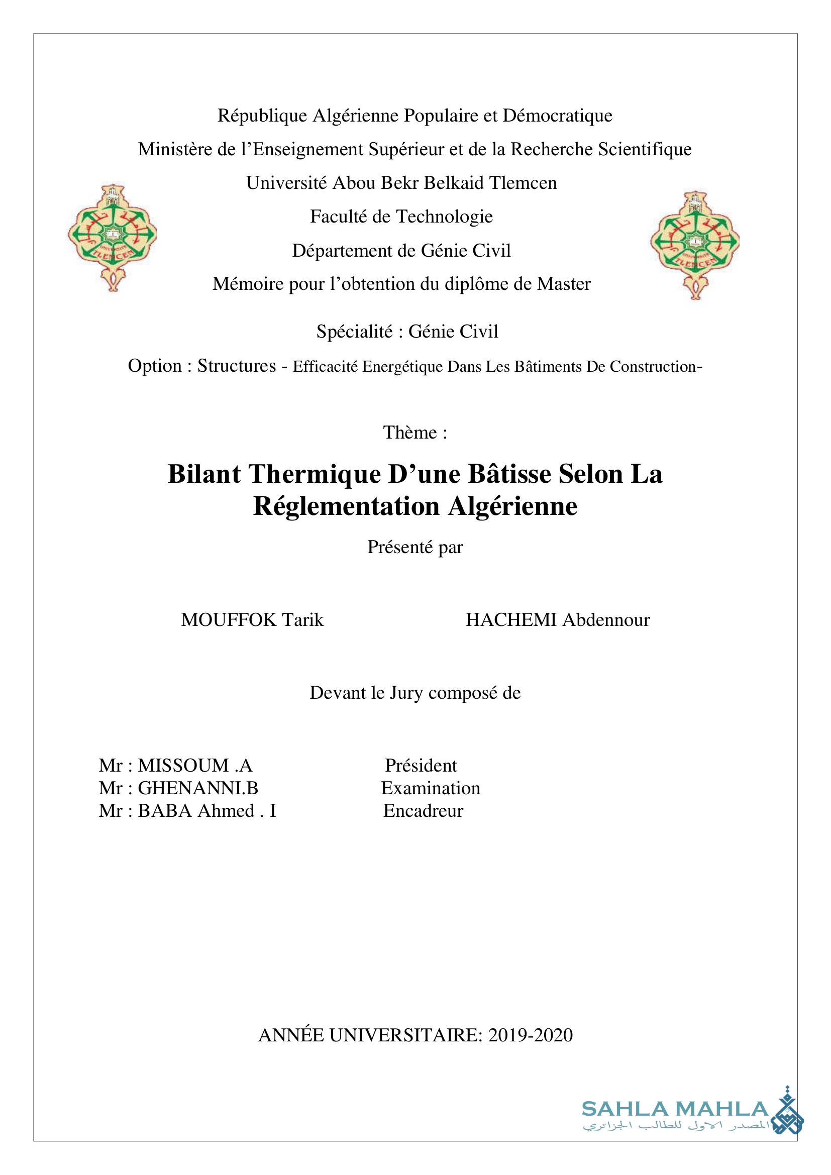 Bilant Thermique D'une Bâtisse Selon La Réglementation Algérienne