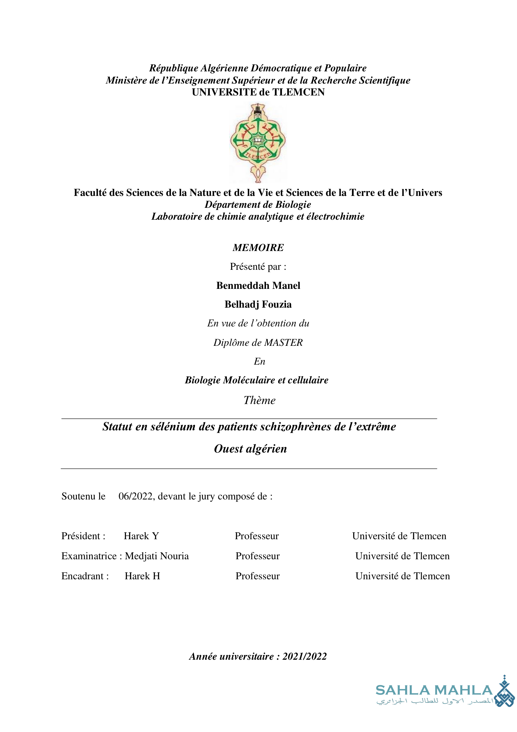 Statut en sélénium des patients schizophrènes de l’extrême Ouest algérien