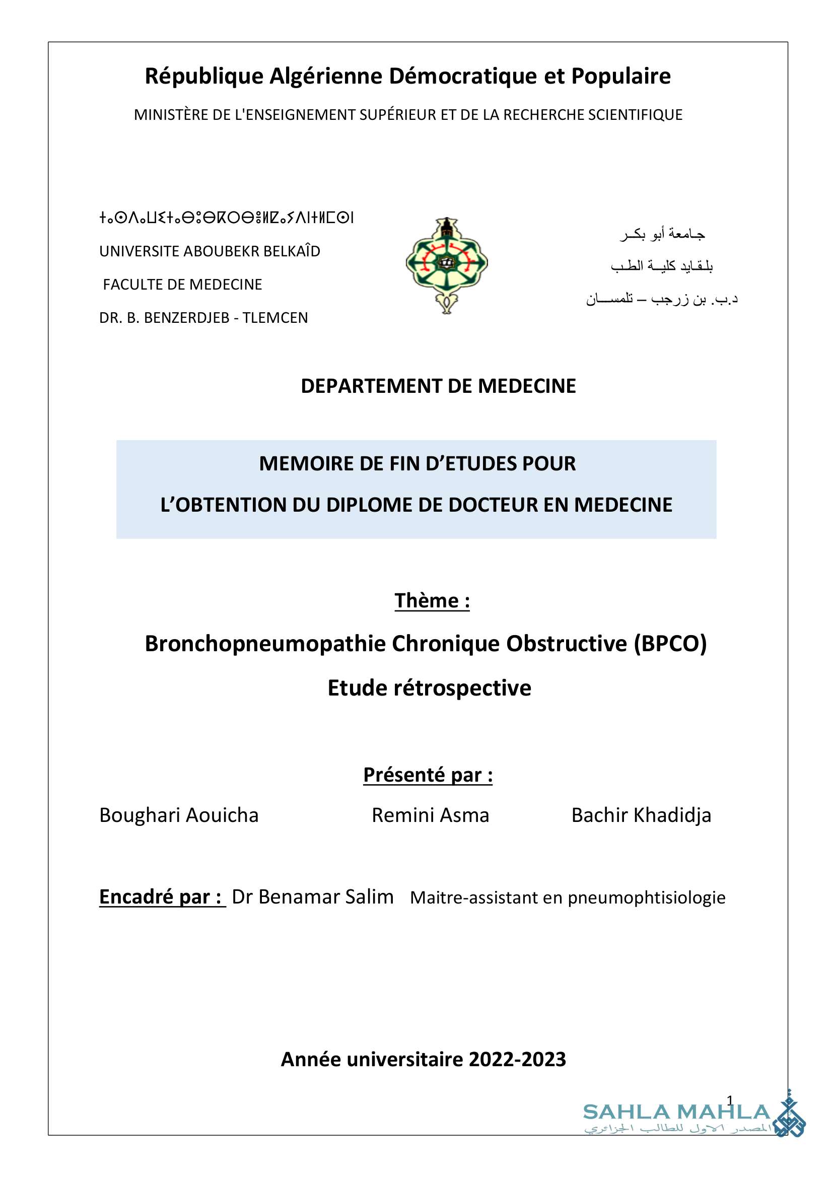 Bronchopneumopathie Chronique Obstructive (BPCO) Etude rétrospective