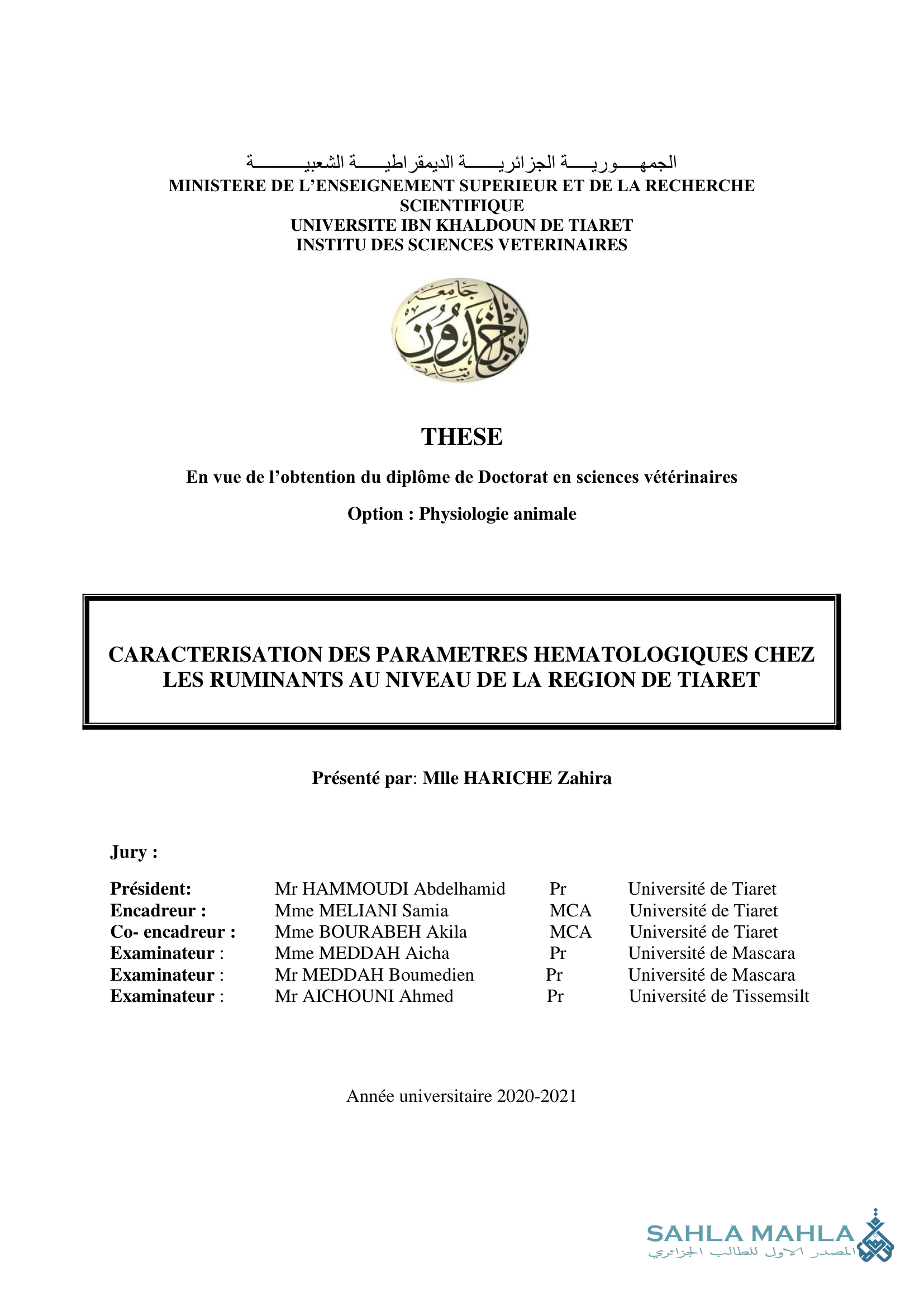 CARACTERISATION DES PARAMETRES HEMATOLOGIQUES CHEZ LES RUMINANTS AU NIVEAU DE LA REGION DE TIARET