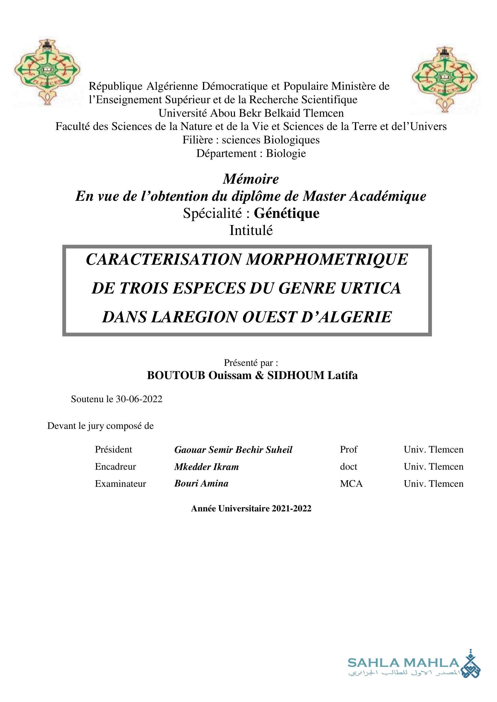 CARACTERISATION MORPHOMETRIQUE DE TROIS ESPECES DU GENRE URTICA DANS LAREGION OUEST D'ALGERIE