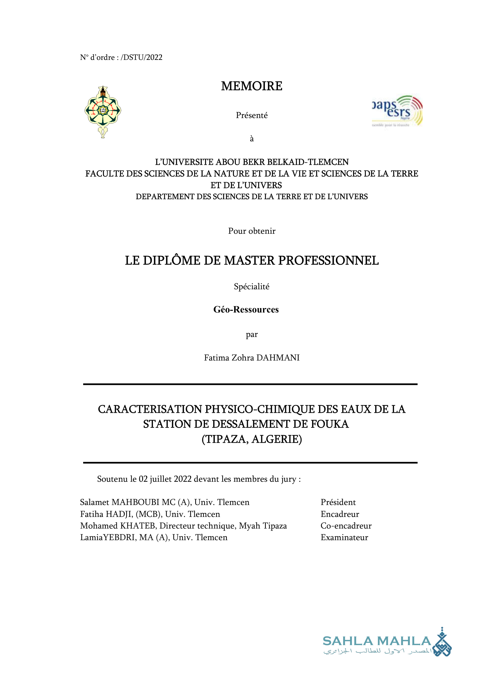 CARACTERISATION PHYSICO-CHIMIQUE DES EAUX DE LA STATION DE DESSALEMENT DE FOUKA (TIPAZA, ALGERIE)