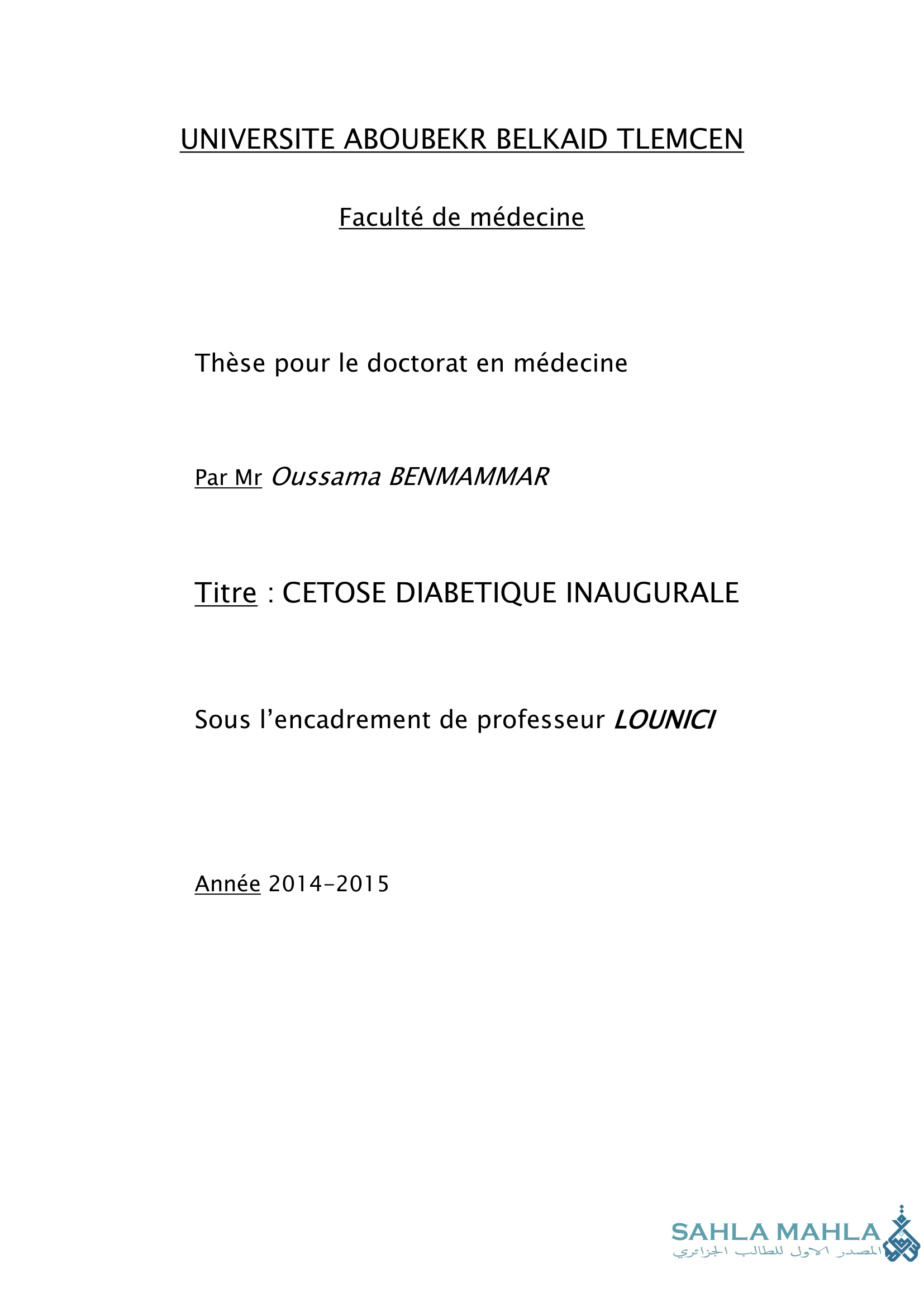 CETOSE DIABETIQUE INAUGURALE