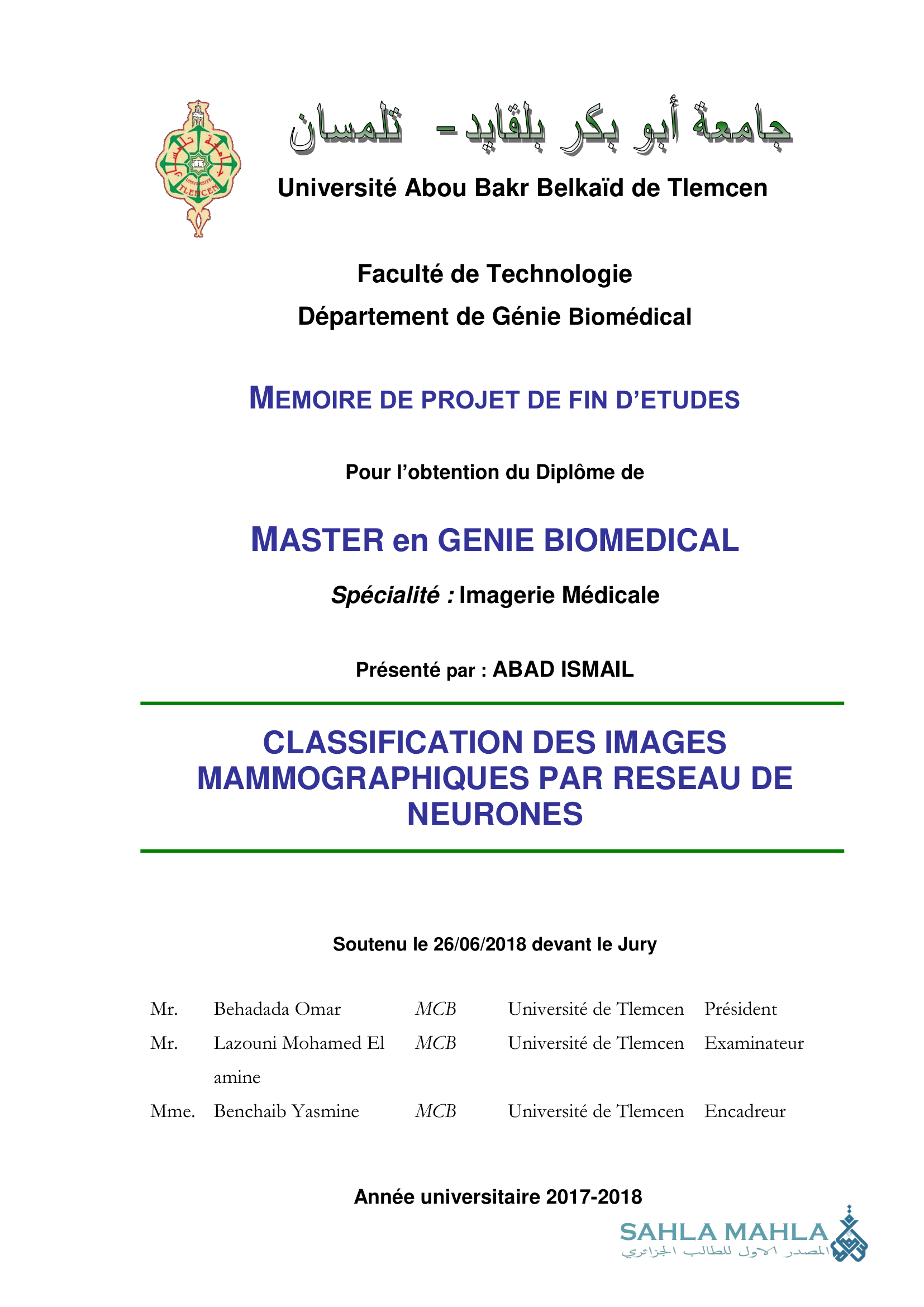 CLASSIFICATION DES IMAGES MAMMOGRAPHIQUES PAR RESEAU DE NEURONES