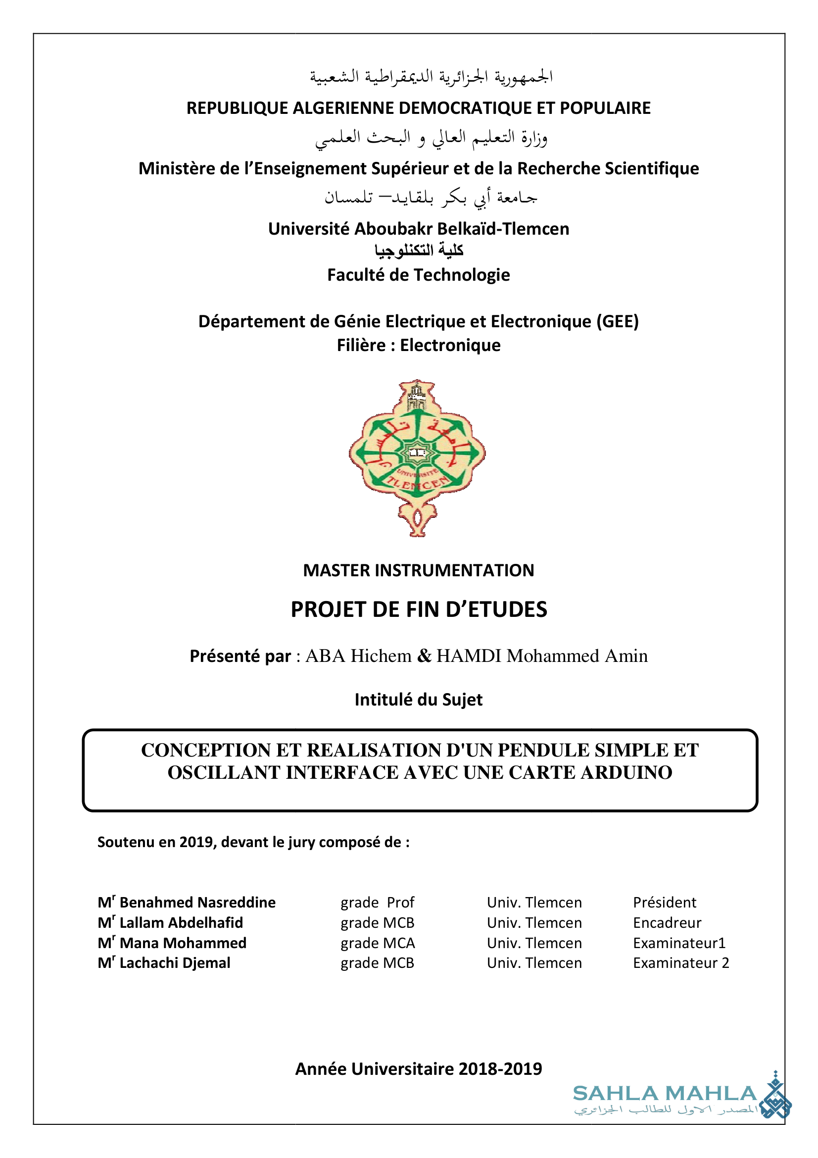 CONCEPTION ET REALISATION D'UN PENDULE SIMPLE ET OSCILLANT INTERFACE AVEC UNE CARTE ARDUINO
