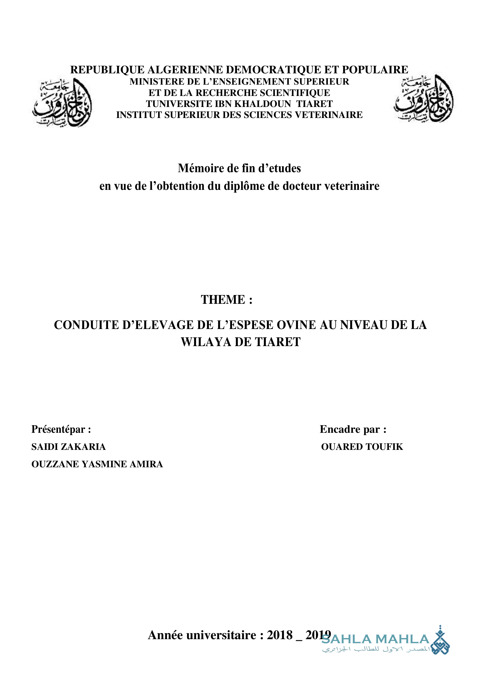CONDUITE D'ELEVAGE DE L'ESPESE OVINE AU NIVEAU DE LA WILAYA DE TIARET
