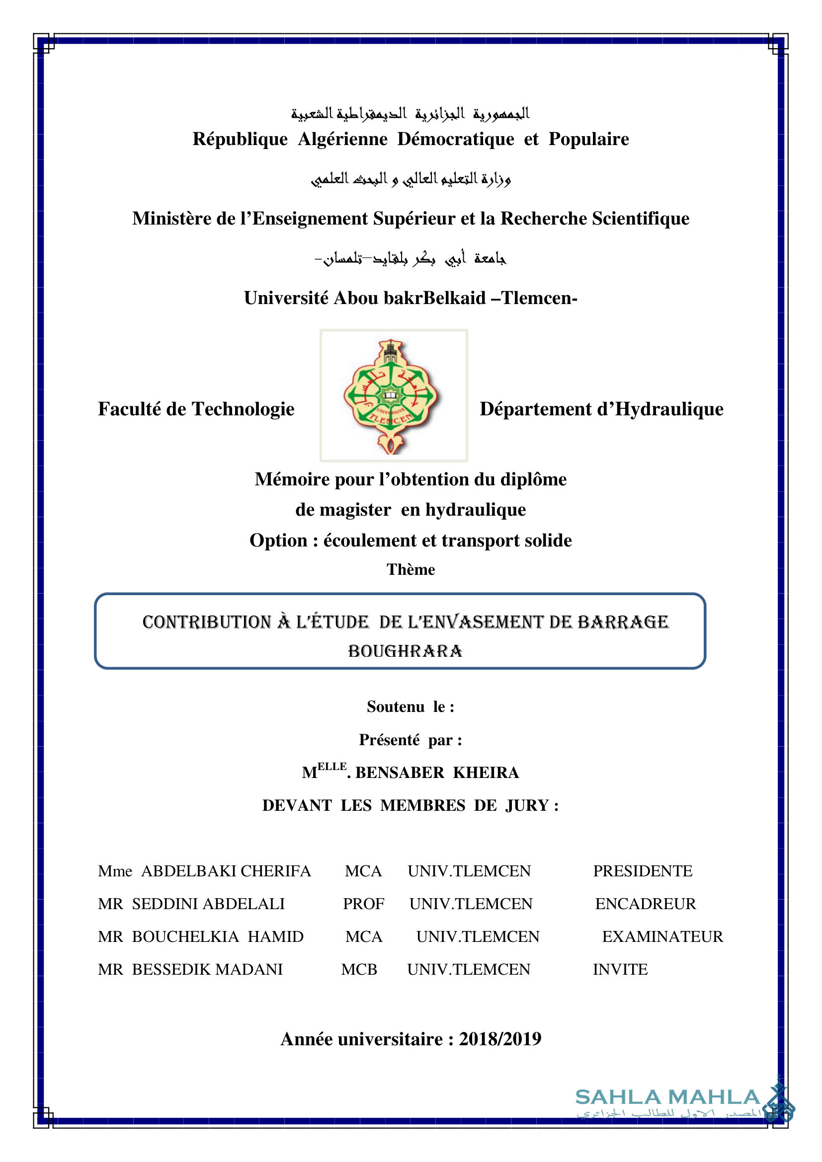 CONTRIBUTION À L'ÉTUDE DE L'ENVASEMENT DE BARRAGE BOUGHRARA