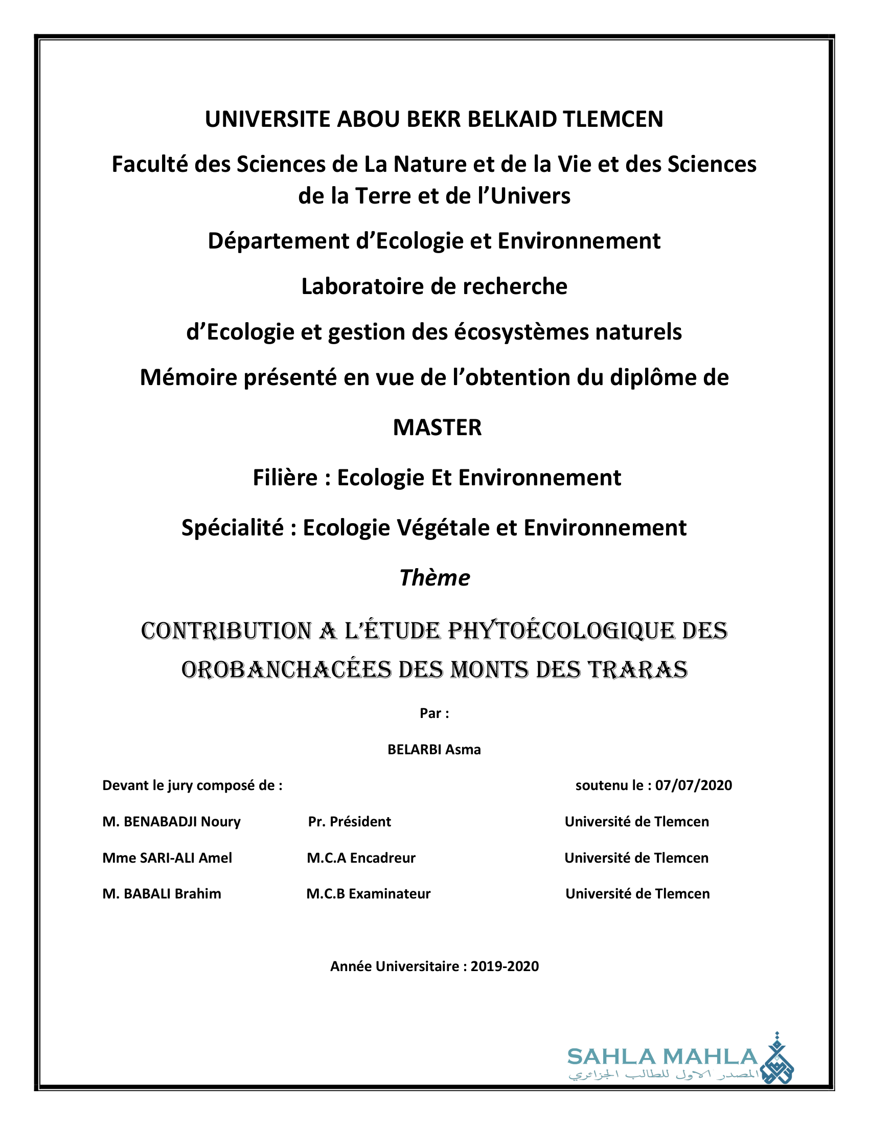CONTRIBUTION A L'ÉTUDE PHYTOÉCOLOGIQUE DES OROBANCHACÉES DES MONTS DES TRARAS