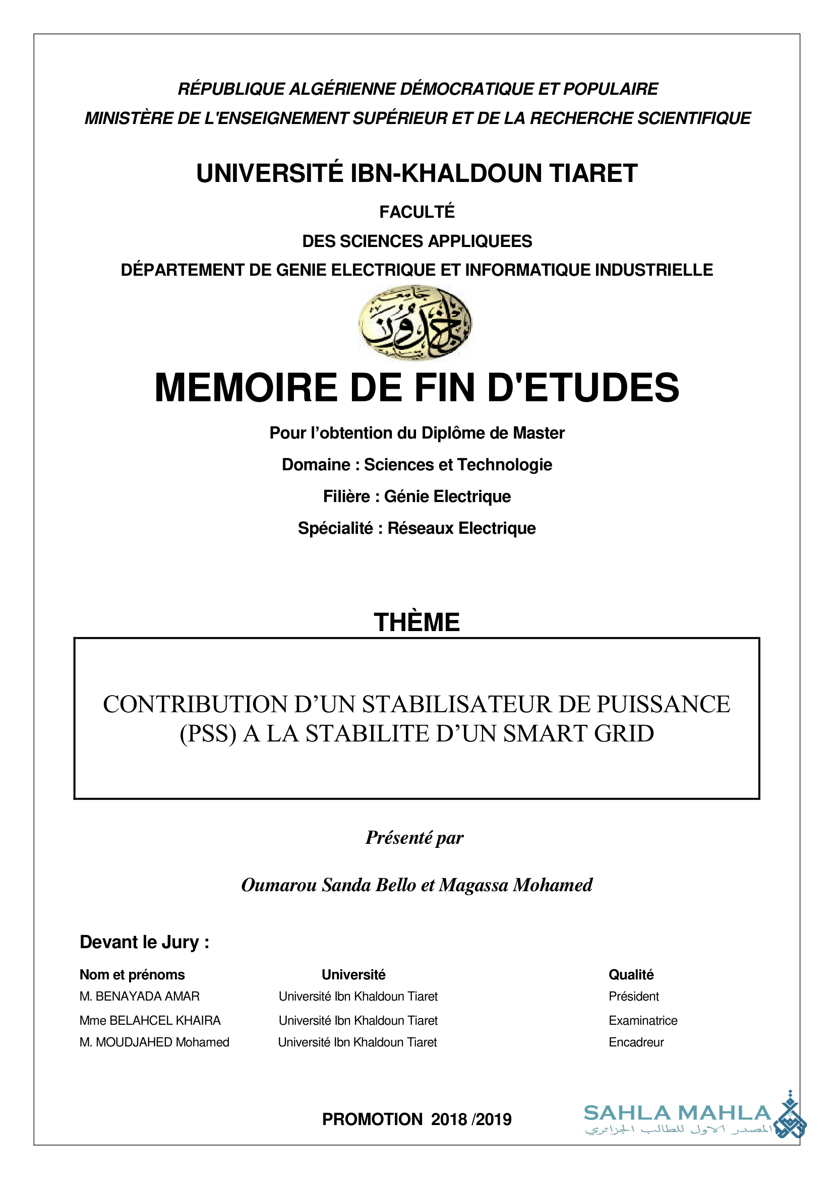 CONTRIBUTION D'UN STABILISATEUR DE PUISSANCE (PSS) A LA STABILITE D'UN SMART GRID