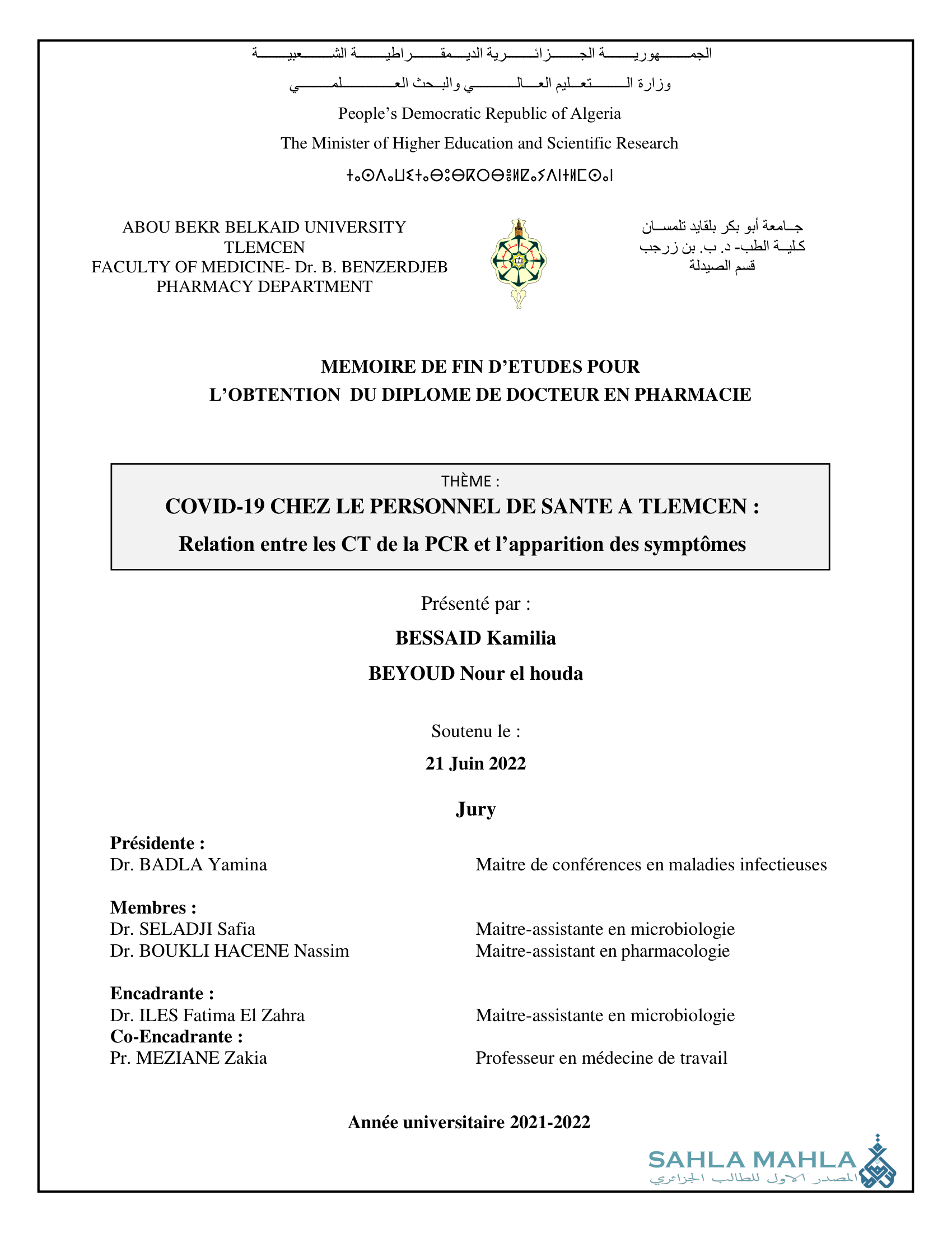 COVID-19 CHEZ LE PERSONNEL DE SANTE A TLEMCEN: Relation entre les CT de la PCR et l'apparition des symptômes