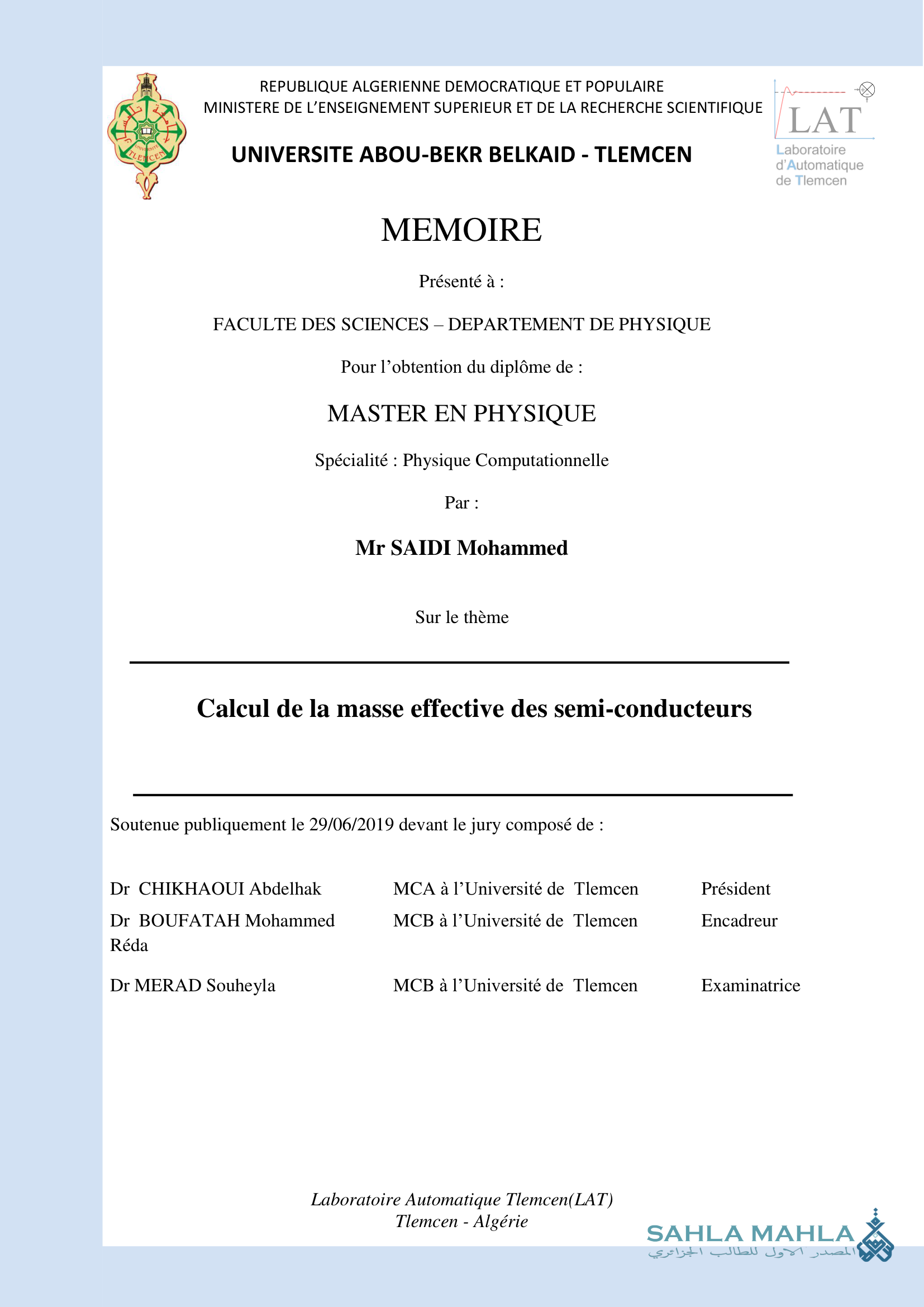 Calcul de la masse effective des semi-conducteurs