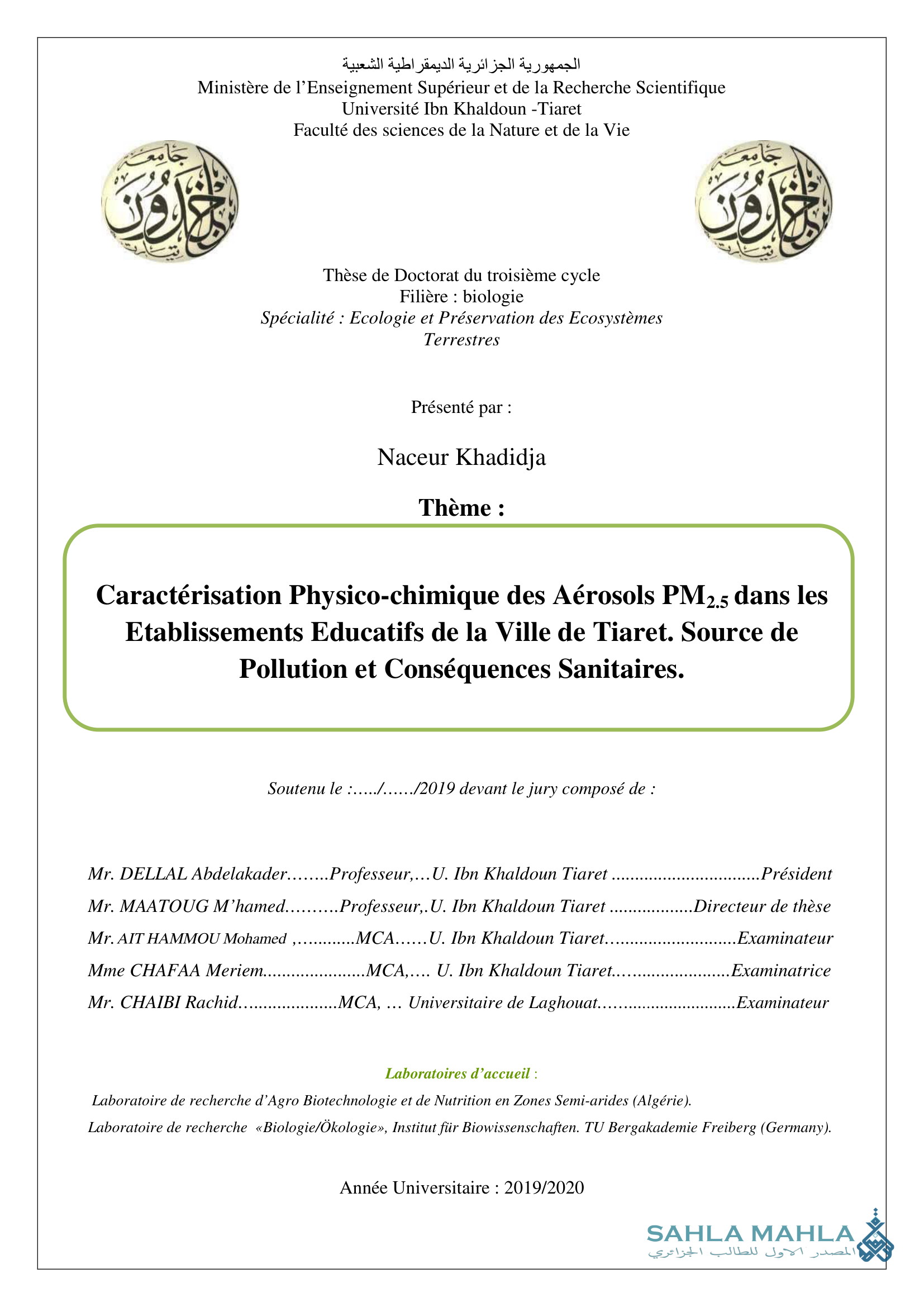 Caractérisation Physico-chimique des Aérosols PM2.5 dans les Etablissements Educatifs de la Ville de Tiaret. Source de Pollution et Conséquences Sanitaires.